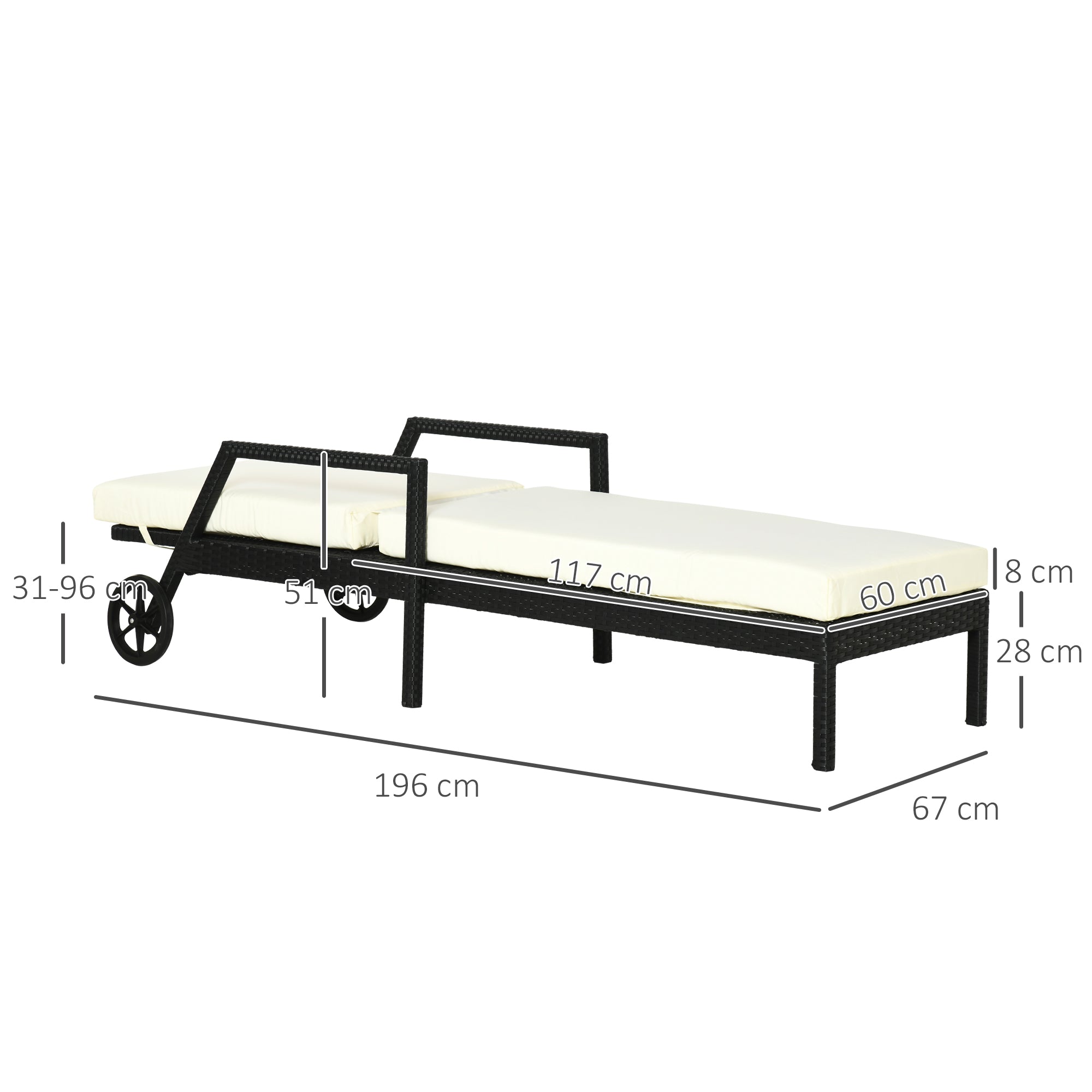 Outsunny Conjunto de 2 Tumbonas de Ratán de Jardín con Cojines Acolchados Respaldo Ajustable en 5 Posiciones 2 Ruedas y Tela Extraíble Lavable 67x196x51 cm Negro