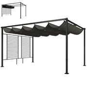 Outsunny Pérgola de Jardín 4x3 m con Techo Retráctil y 2 Paneles de Privacidad Fijos, Cenador de Jardín con Protección UPF50+, Drenaje, Estructura Metálica, Pabellón para Exterior, Gris Oscuro