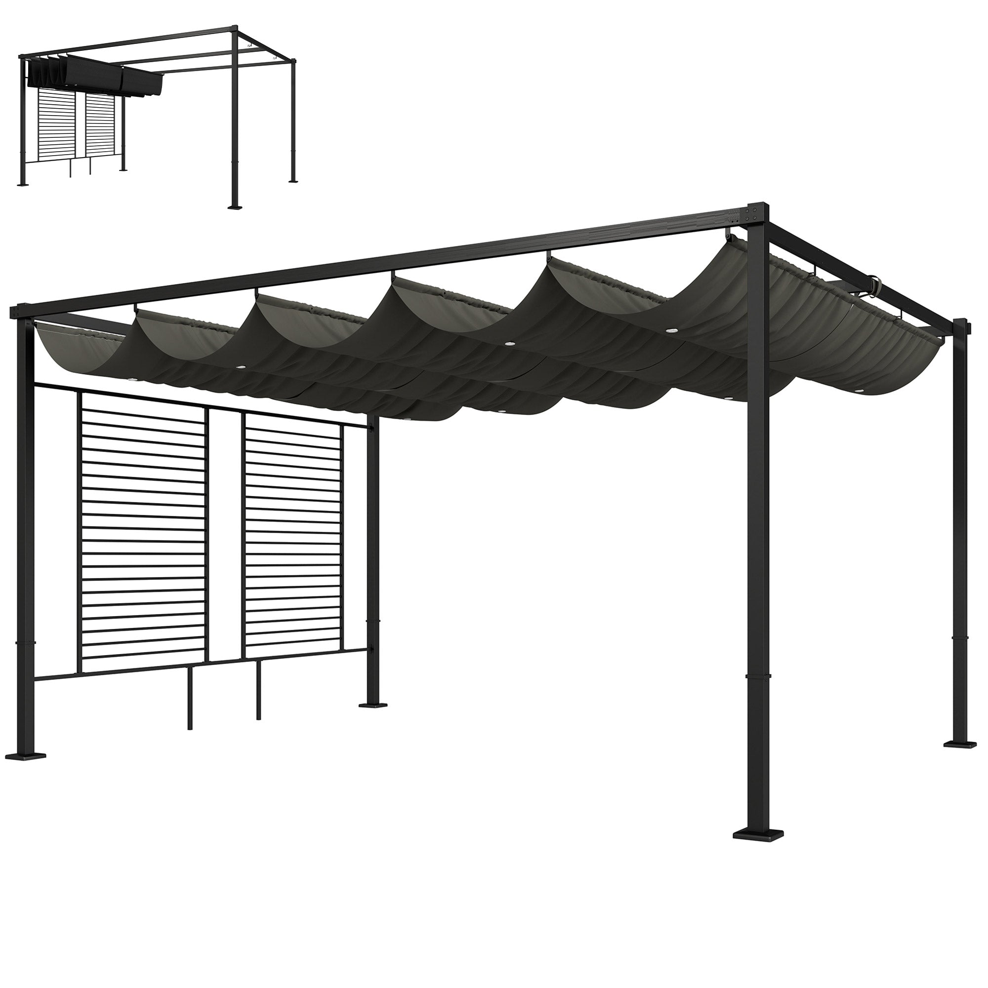 Outsunny Pérgola de Jardín 4x3 m con Techo Retráctil y 2 Paneles de Privacidad Fijos, Cenador de Jardín con Protección UPF50+, Drenaje, Estructura Metálica, Pabellón para Exterior, Gris Oscuro