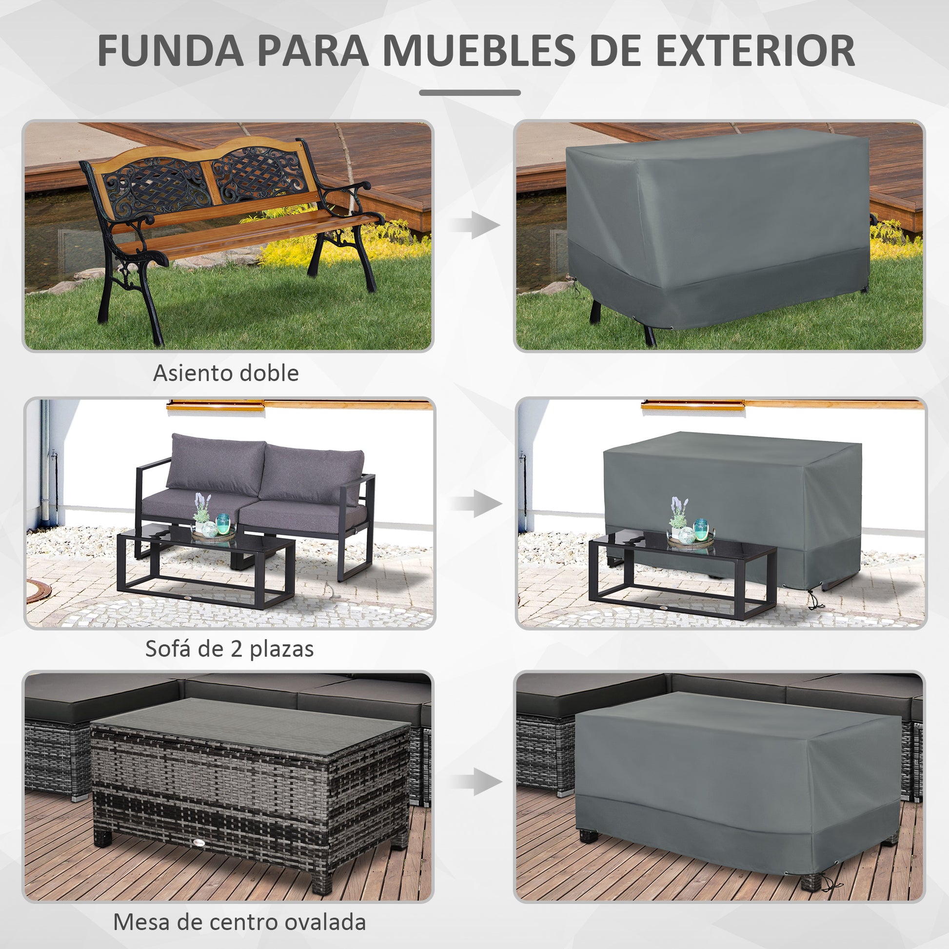 Outsunny Funda Protectora para Muebles de Jardín Tela Oxford 600D Impermeable Cubierta de Muebles de Mesas Sillas Sofás Exterior con Cordón y Hebilla 190,5x72x76 cm Gris