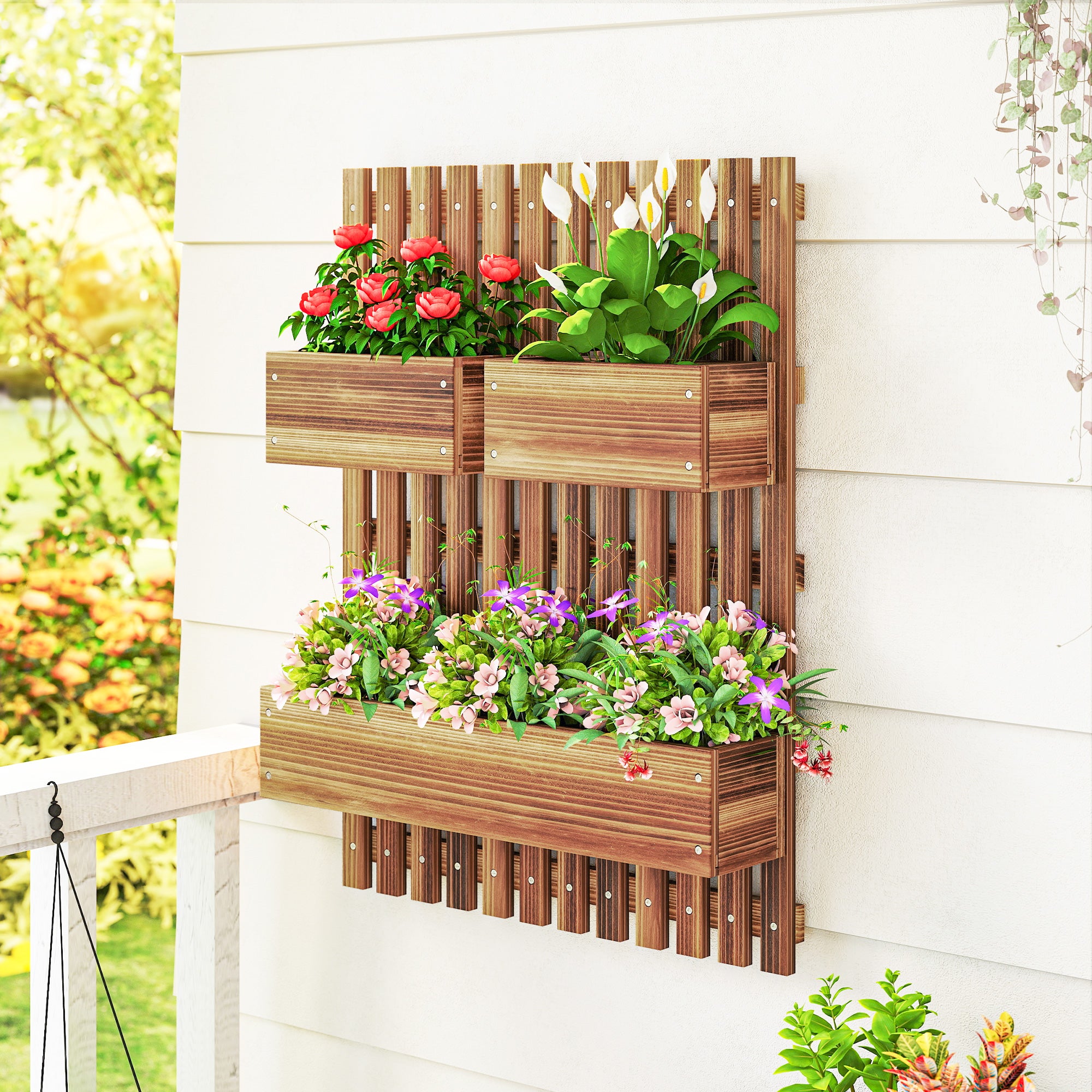 Outsunny Jardinera de Pared con Enrejado, Jardinera Exterior Grande de Madera con 3 Macetas Móviles y Orificio de Drenaje, para Exterior, Jardín, Terraza, Patio, 60x16x80 cm, Carbonizado