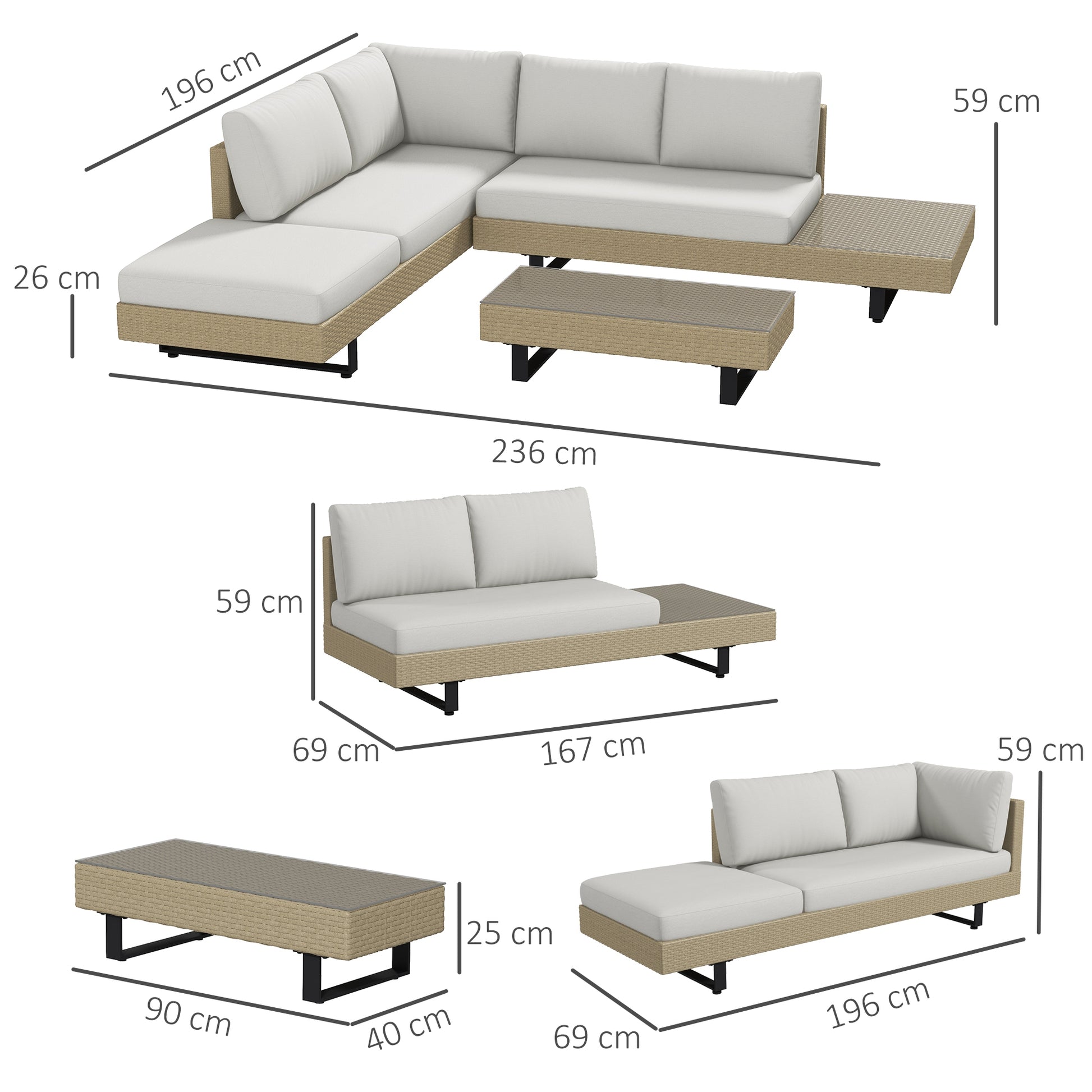 Outsunny Conjunto de Muebles Ratán de 3 Piezas Mesa de Centro Sofá Doble y Sofá de 3 Plazas con Cojines Extraíbles para Exterior Jardín Terraza Patio Acero Beige