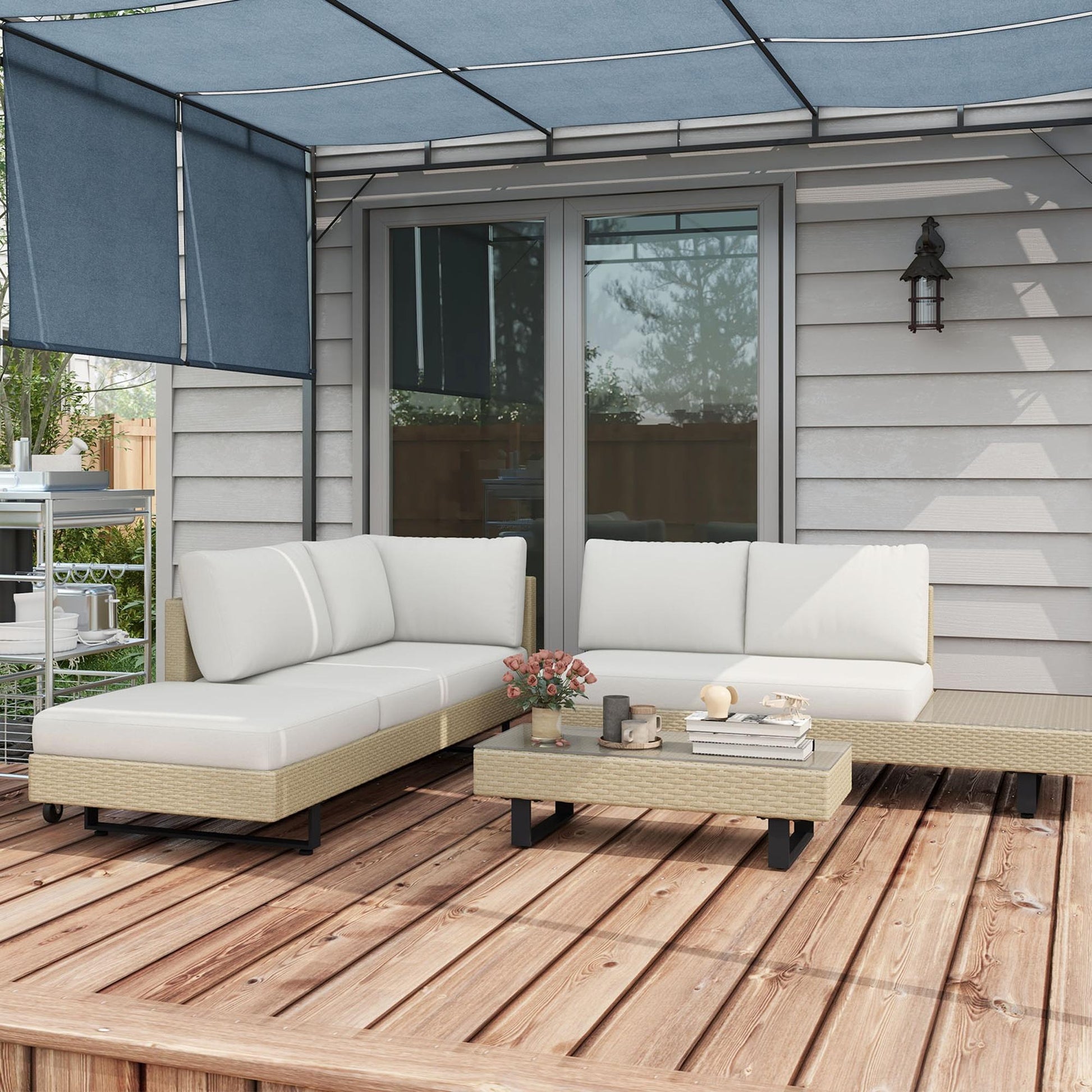 Outsunny Conjunto de Muebles Ratán de 3 Piezas Mesa de Centro Sofá Doble y Sofá de 3 Plazas con Cojines Extraíbles para Exterior Jardín Terraza Patio Acero Beige
