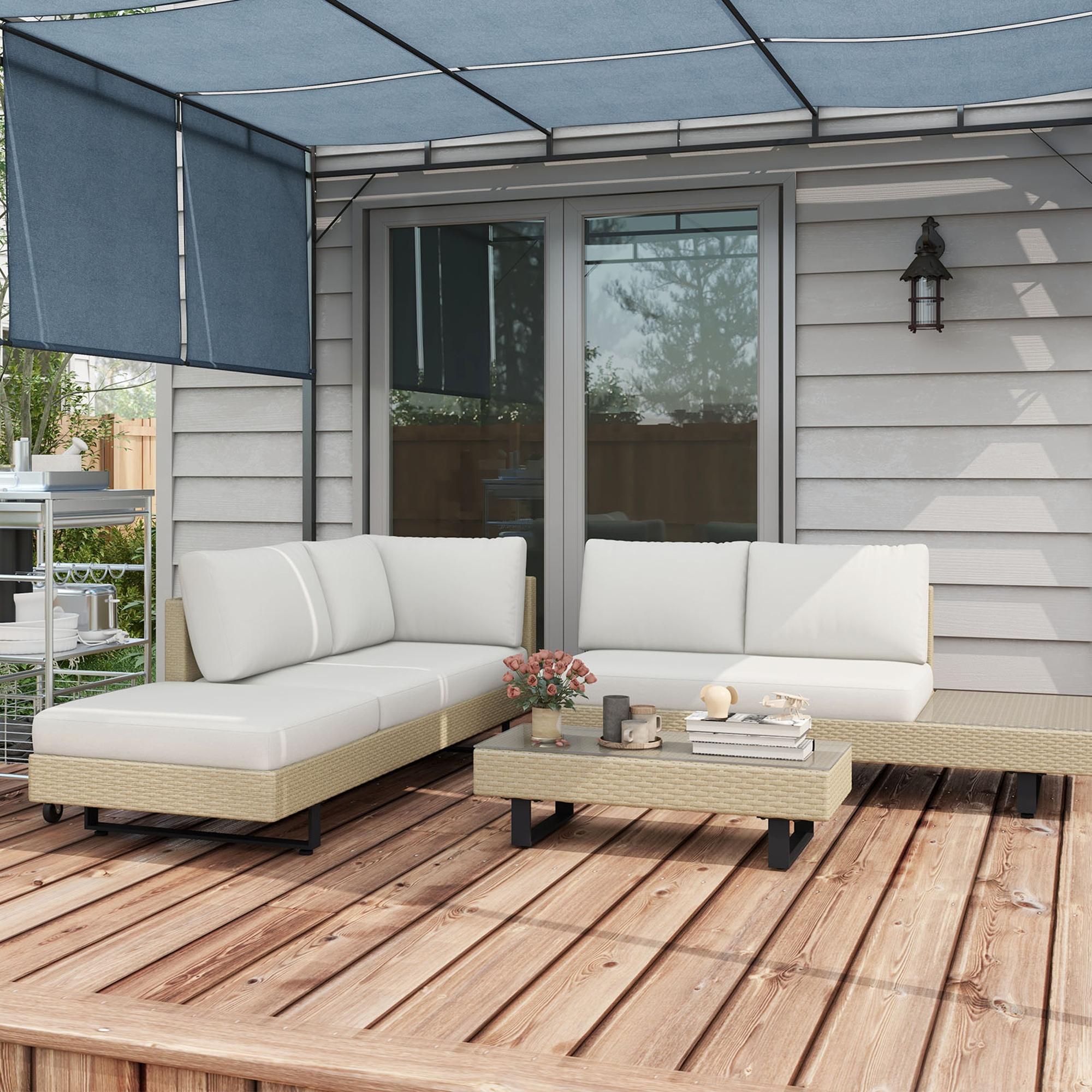 Outsunny Conjunto de Muebles Ratán de 3 Piezas Mesa de Centro Sofá Doble y Sofá de 3 Plazas con Cojines Extraíbles para Exterior Jardín Terraza Patio Acero Beige