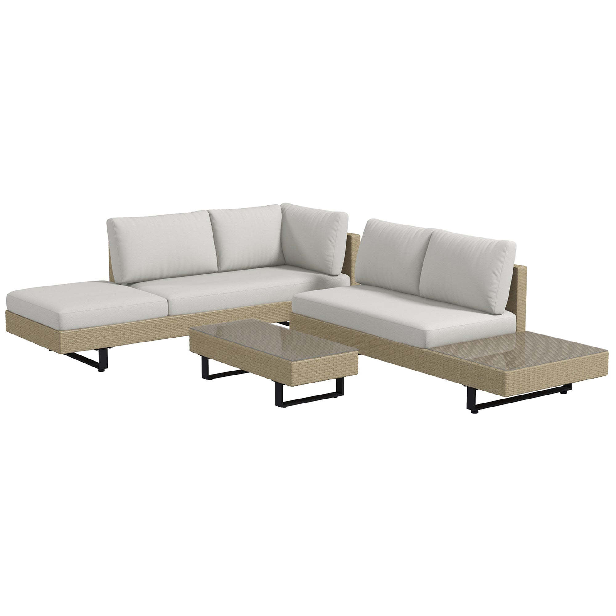 Outsunny Conjunto de Muebles Ratán de 3 Piezas Mesa de Centro Sofá Doble y Sofá de 3 Plazas con Cojines Extraíbles para Exterior Jardín Terraza Patio Acero Beige
