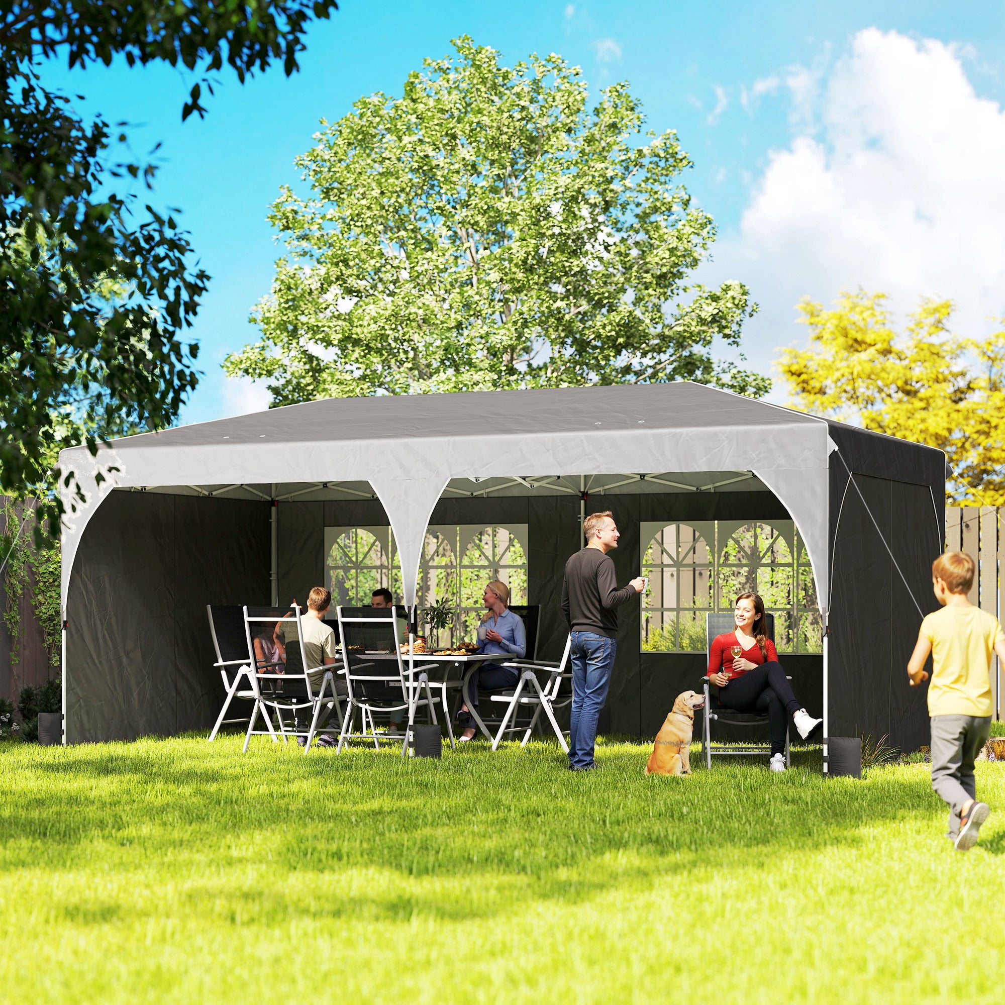 Outsunny Carpa Plegable 6x3 m, Pop-up, con 4 Laterales Extraíbles, Cenador de Jardín con Tiras Reflectantes, Altura Ajustable, Sistema Central de Bloqueo, UPF50+, Impermeable, Bolsa Transporte, Gris