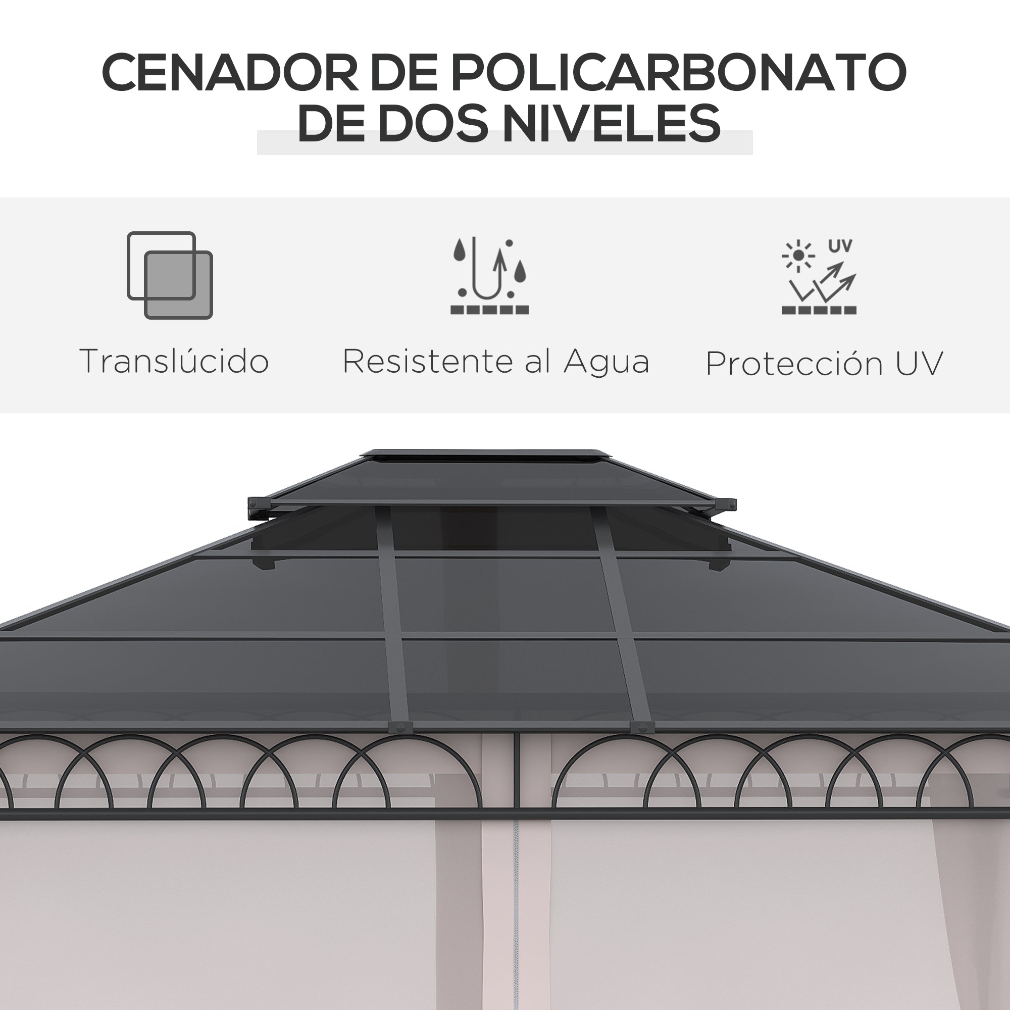Outsunny Cenador para Jardín 3,6x3 m con Marco de Alumnio Pabellón para Exterior con Techo de Policarbonato Anti-UV Gazebo para Fiestas Eventos Caqui
