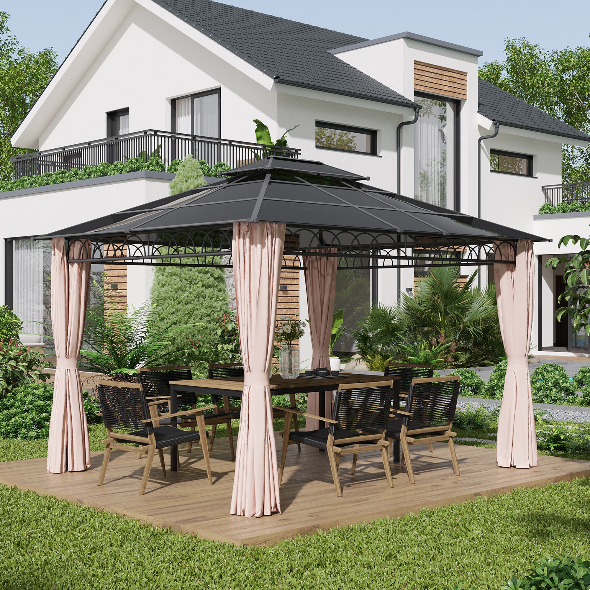 Outsunny Cenador para Jardín 3,6x3 m con Marco de Alumnio Pabellón para Exterior con Techo de Policarbonato Anti-UV Gazebo para Fiestas Eventos Caqui