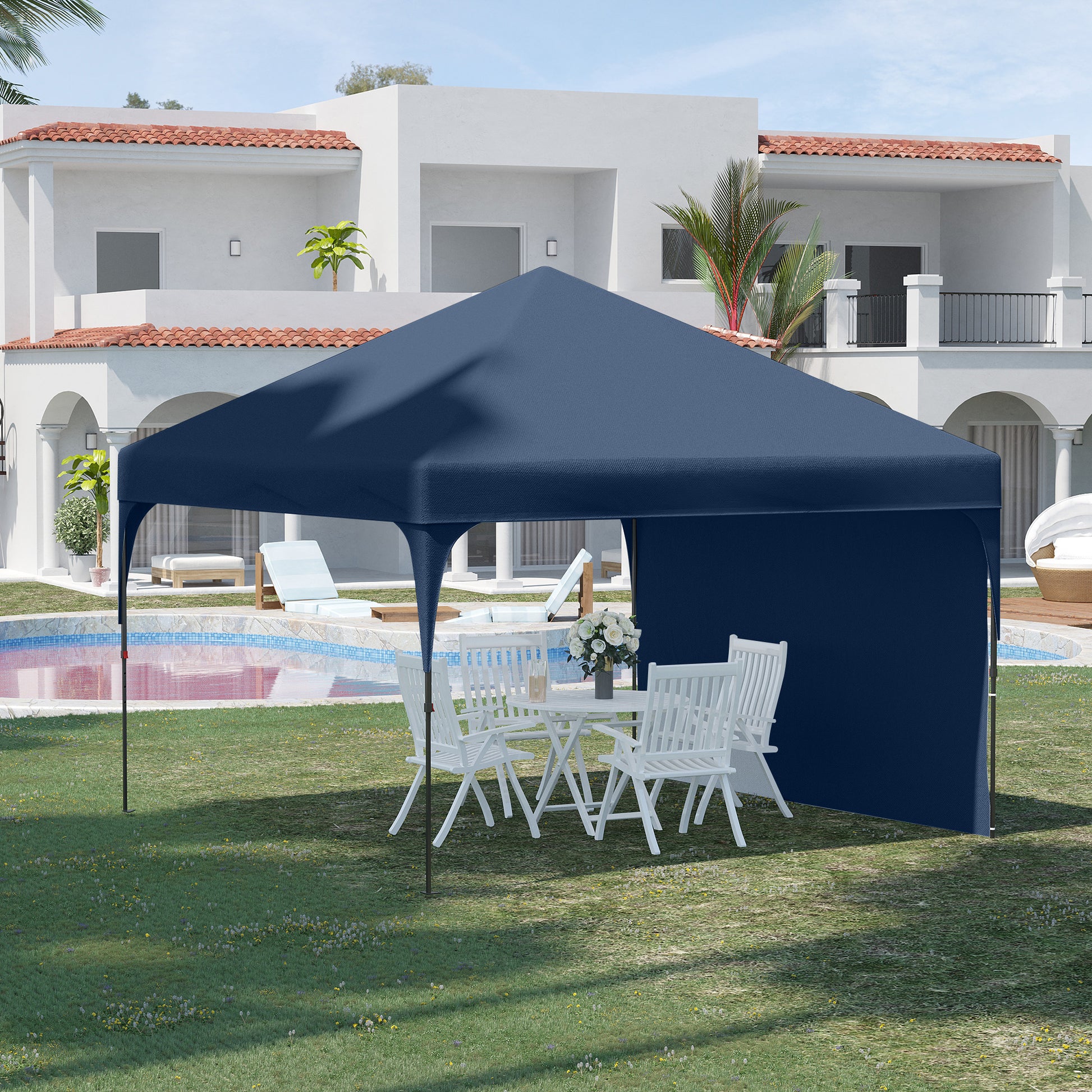 Outsunny Cenador Plegable 3x3m Ajustable en Altura Carpa de Jardín con 1 Pared Lateral Techo de Ventilación 4 Sacos de Arena y Bolsa de Transporte Impermeable Gazebo para Exterior Camping Fiestas Azul