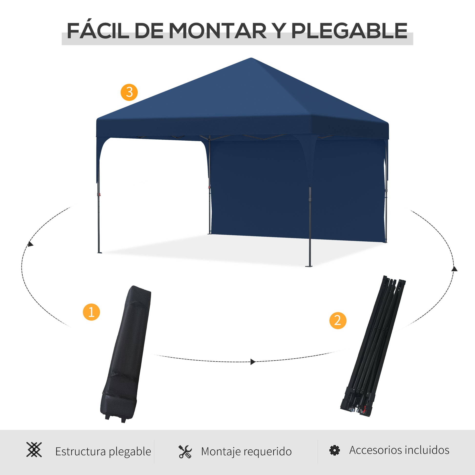 Outsunny Cenador Plegable 3x3m Ajustable en Altura Carpa de Jardín con 1 Pared Lateral Techo de Ventilación 4 Sacos de Arena y Bolsa de Transporte Impermeable Gazebo para Exterior Camping Fiestas Azul