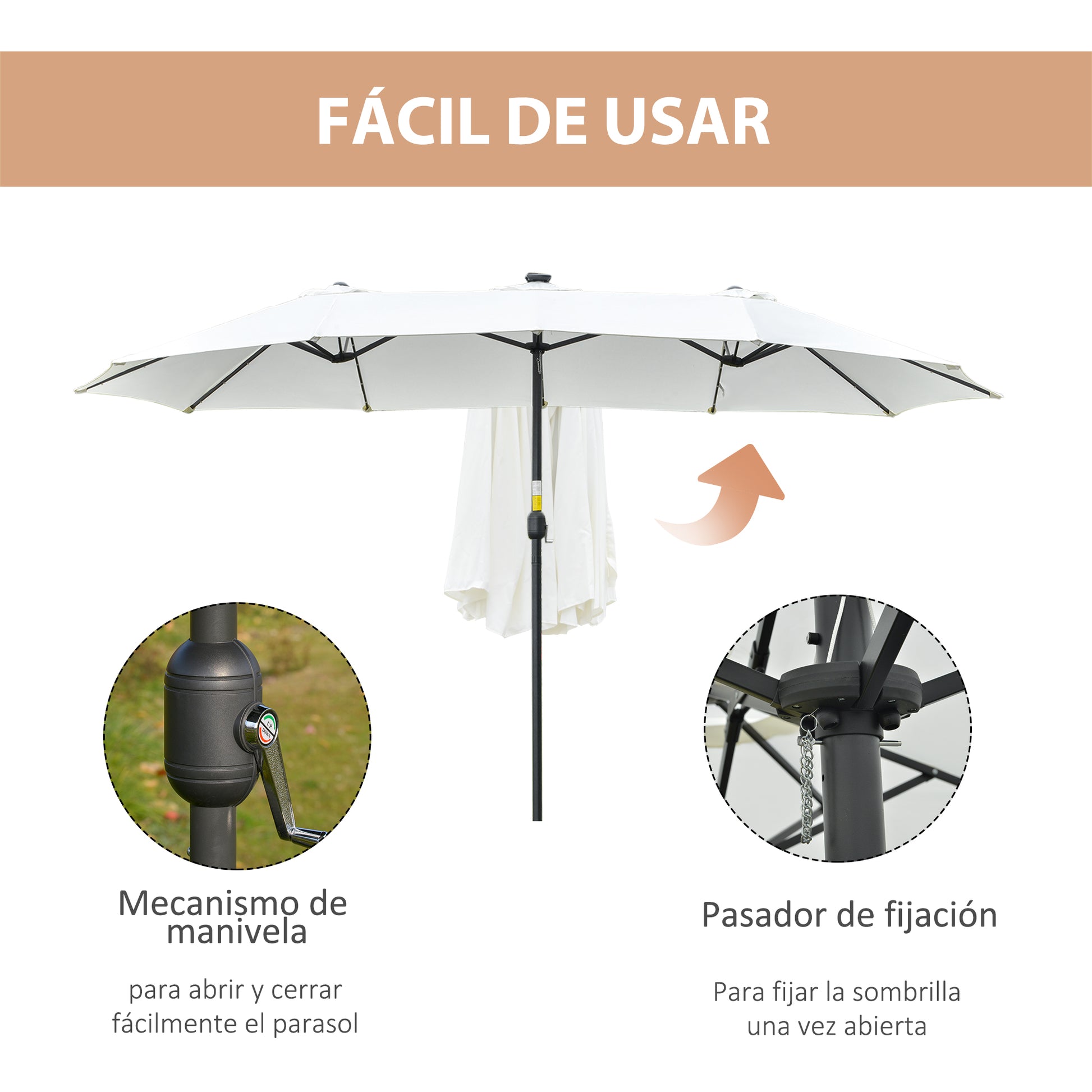 Outsunny Sombrilla Doble con 48 Luces LED, 4,5x2,65 m, Sombrilla Terraza Exterior con Manivela Manual, Resistente al Agua y Protección Solar, Parasol para Jardín, Terraza, Patio y Piscina, Crema