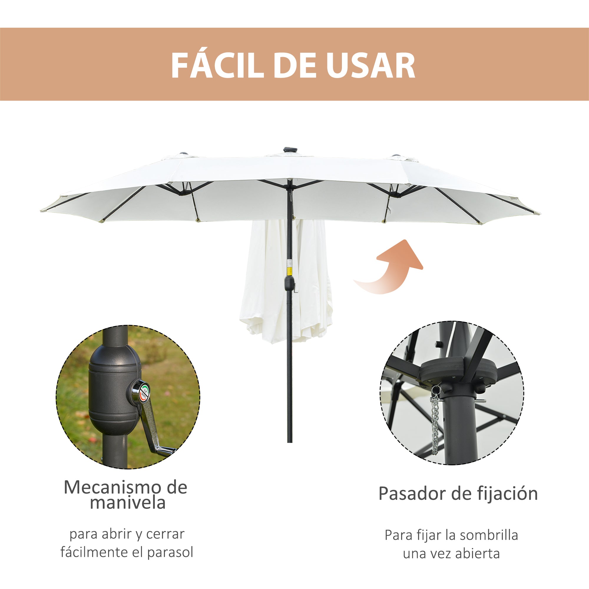 Outsunny Sombrilla Doble con 48 Luces LED, 4,5x2,65 m, Sombrilla Terraza Exterior con Manivela Manual, Resistente al Agua y Protección Solar, Parasol para Jardín, Terraza, Patio y Piscina, Crema