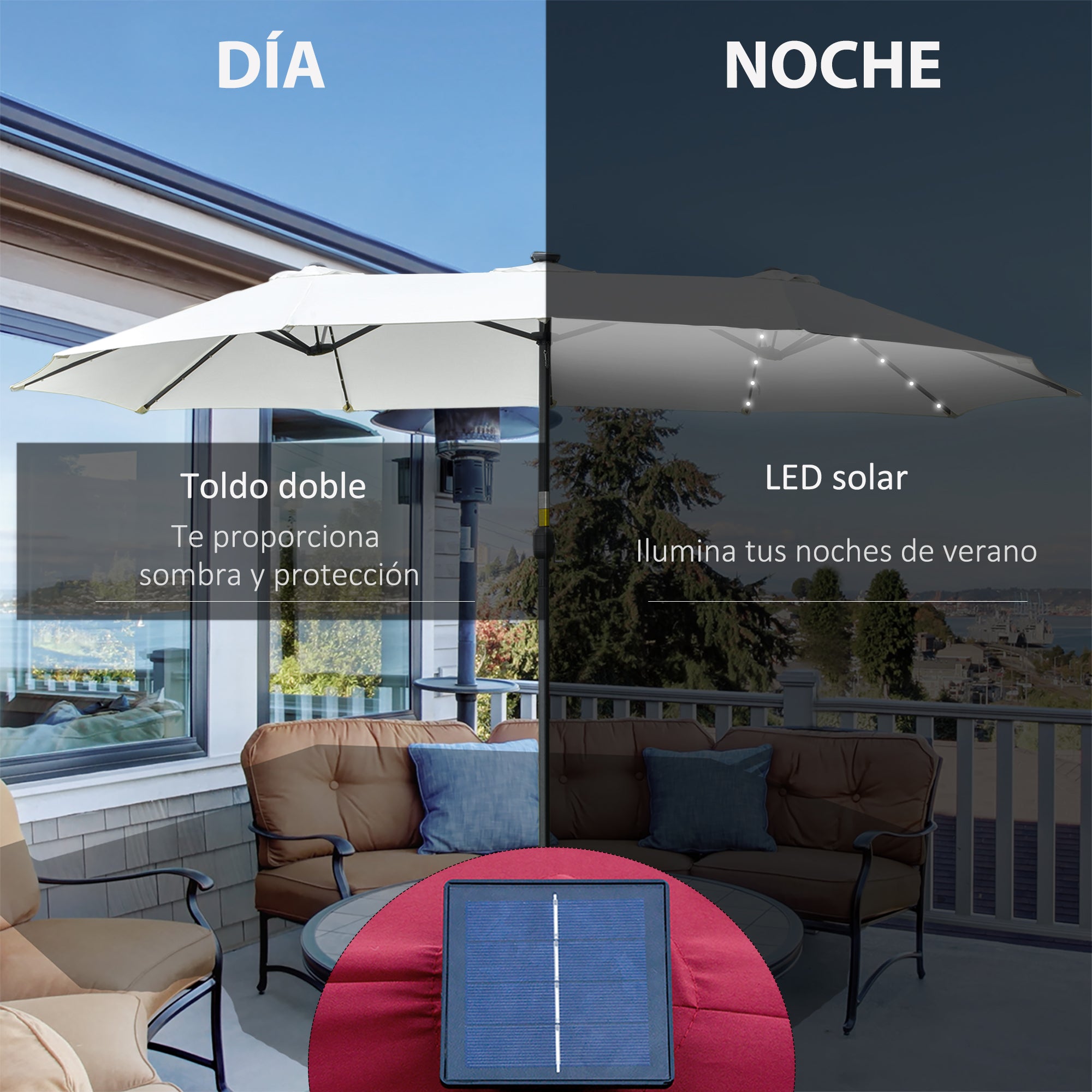 Outsunny Sombrilla Doble con 48 Luces LED, 4,5x2,65 m, Sombrilla Terraza Exterior con Manivela Manual, Resistente al Agua y Protección Solar, Parasol para Jardín, Terraza, Patio y Piscina, Crema