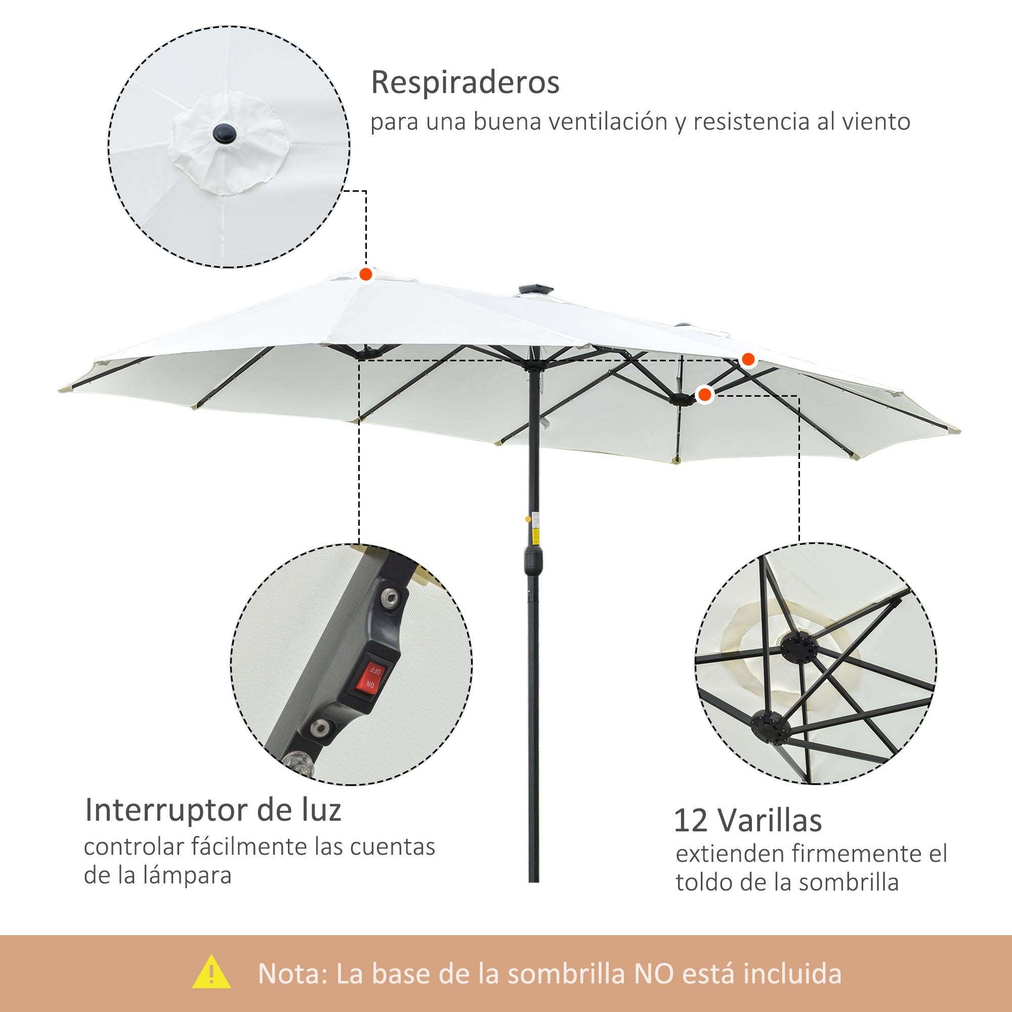 Outsunny Sombrilla Doble con 48 Luces LED, 4,5x2,65 m, Sombrilla Terraza Exterior con Manivela Manual, Resistente al Agua y Protección Solar, Parasol para Jardín, Terraza, Patio y Piscina, Crema