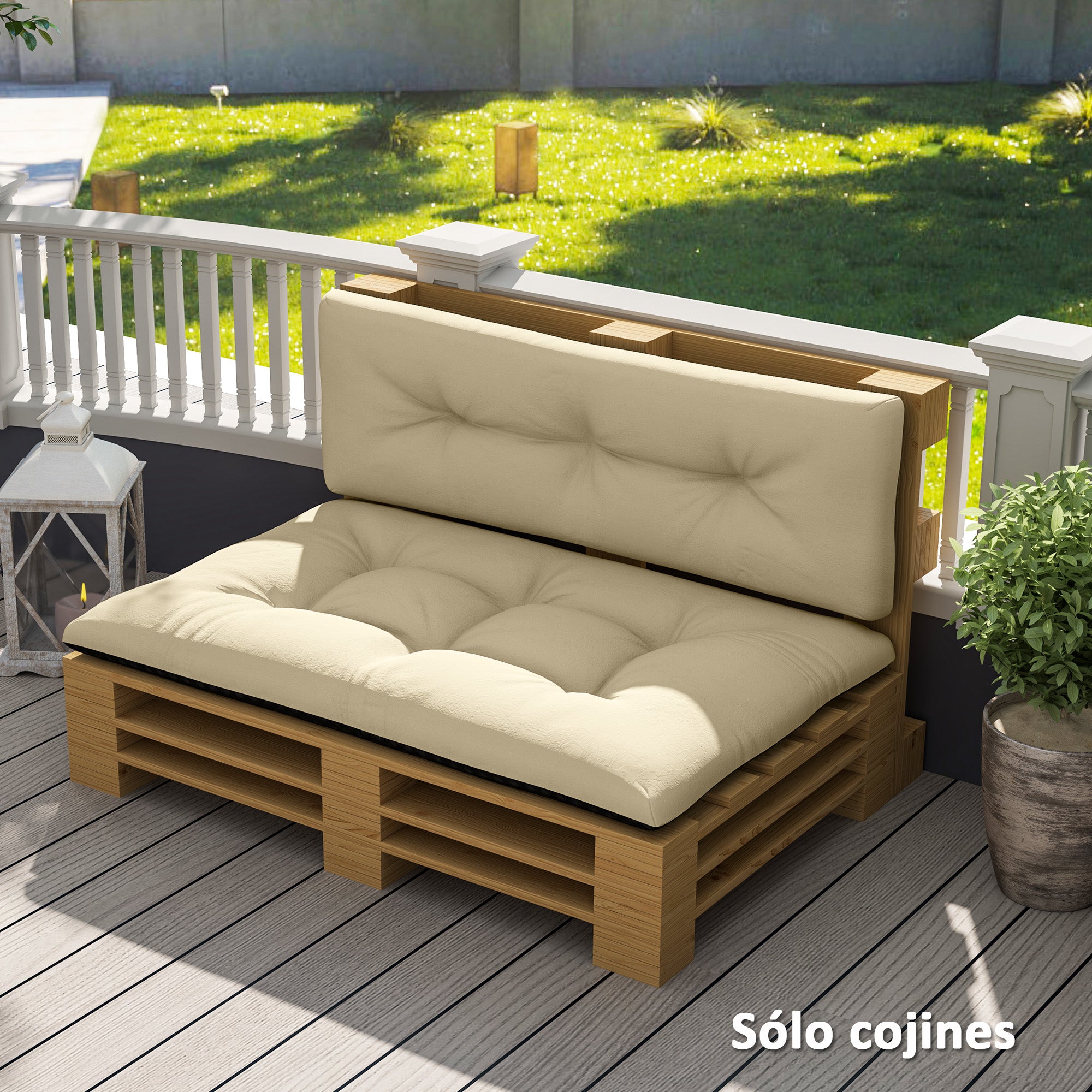 Outsunny Conjunto de 2 Cojines para Palets con Tela Resistente Impermeable Anti-UV Cojines Exterior para Jardín Terraza Interior Asiento 120x77 cm Respaldo 120x40 cm Beige