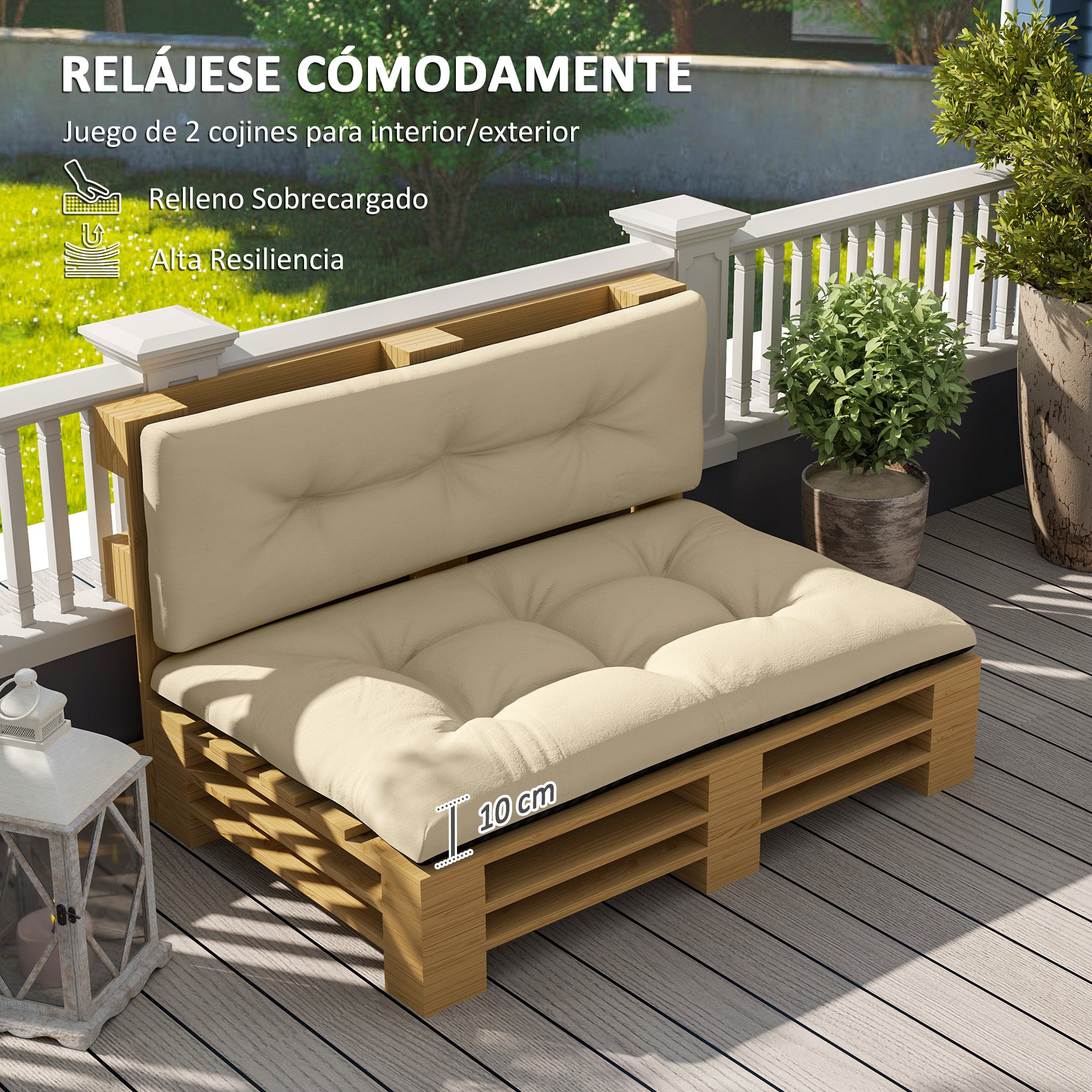 Outsunny Conjunto de 2 Cojines para Palets con Tela Resistente Impermeable Anti-UV Cojines Exterior para Jardín Terraza Interior Asiento 120x77 cm Respaldo 120x40 cm Beige