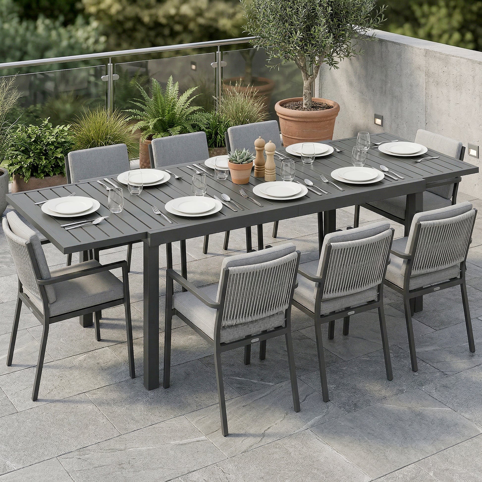 Outsunny Mesa de Jardín Extensible 150/225x85x75 cm, Mesa de Comedor Exterior Extensible Rectangular de Aluminio, con Tablero de Listones para 6-8 Personas, para Patio, Terraza, Gris Oscuro