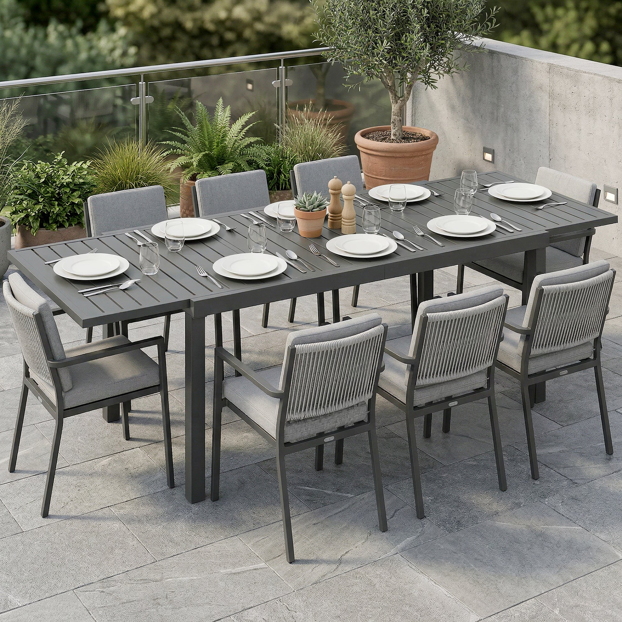 Outsunny Mesa de Jardín Extensible 150/225x85x75 cm, Mesa de Comedor Exterior Extensible Rectangular de Aluminio, con Tablero de Listones para 6-8 Personas, para Patio, Terraza, Gris Oscuro