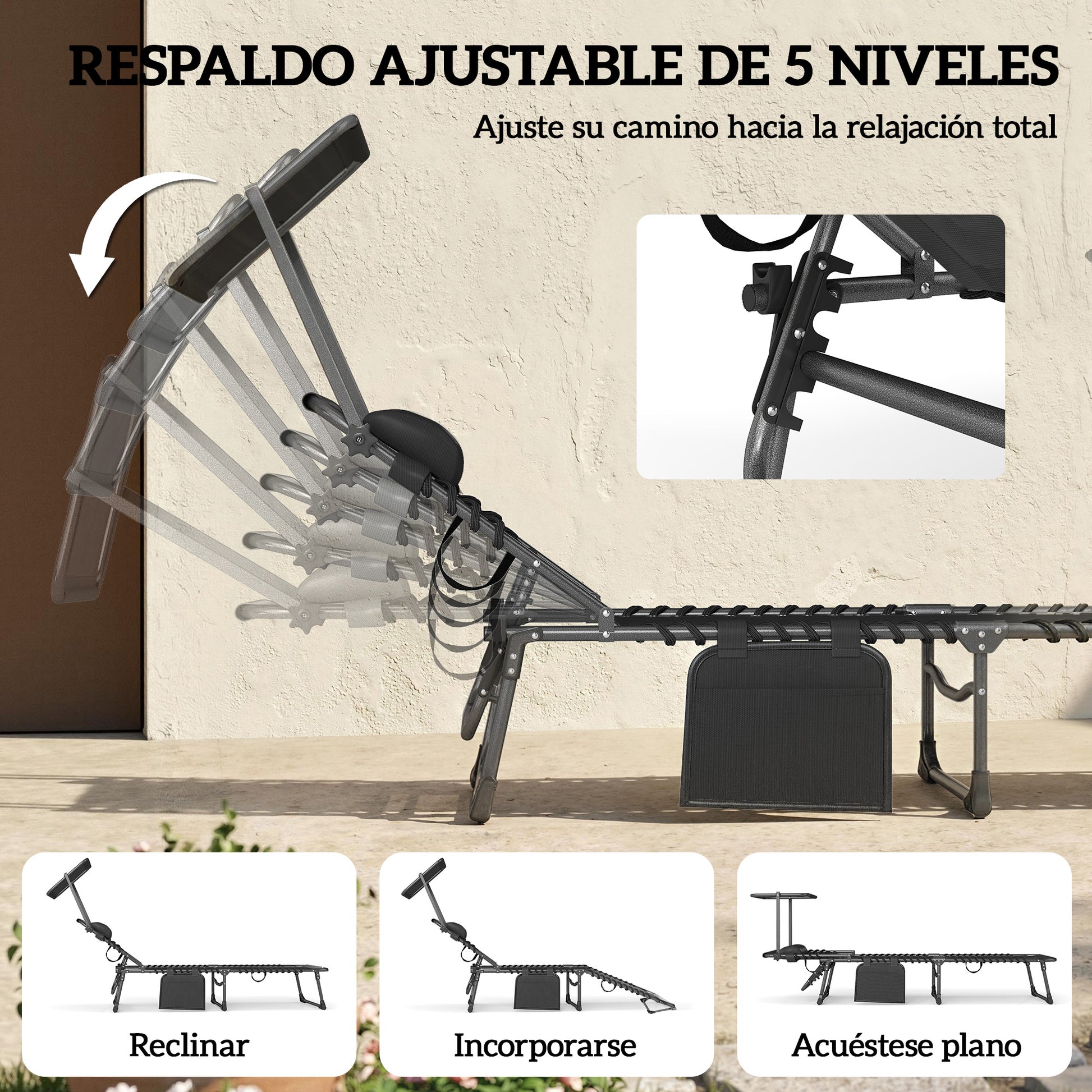 Outsunny Set de 2 Tumbonas Jardín Exterior, Tumbonas Plegables con Reposacabezas, Parasol y Bolsillo Lateral, Respaldo Reclinable 5 Posiciones y Asiento Malla Transpirable para Playa, Piscina, Negro