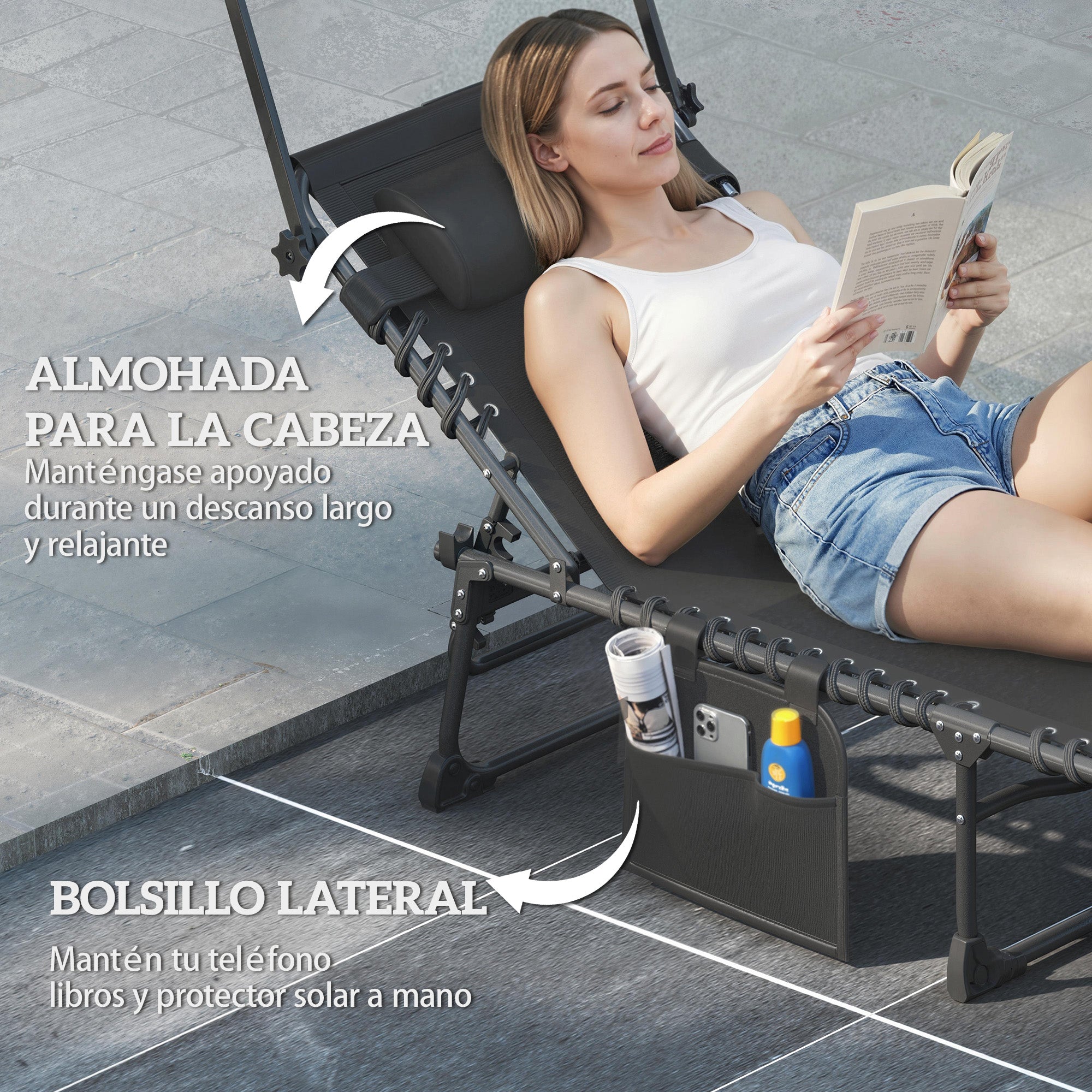 Outsunny Set de 2 Tumbonas Jardín Exterior, Tumbonas Plegables con Reposacabezas, Parasol y Bolsillo Lateral, Respaldo Reclinable 5 Posiciones y Asiento Malla Transpirable para Playa, Piscina, Negro