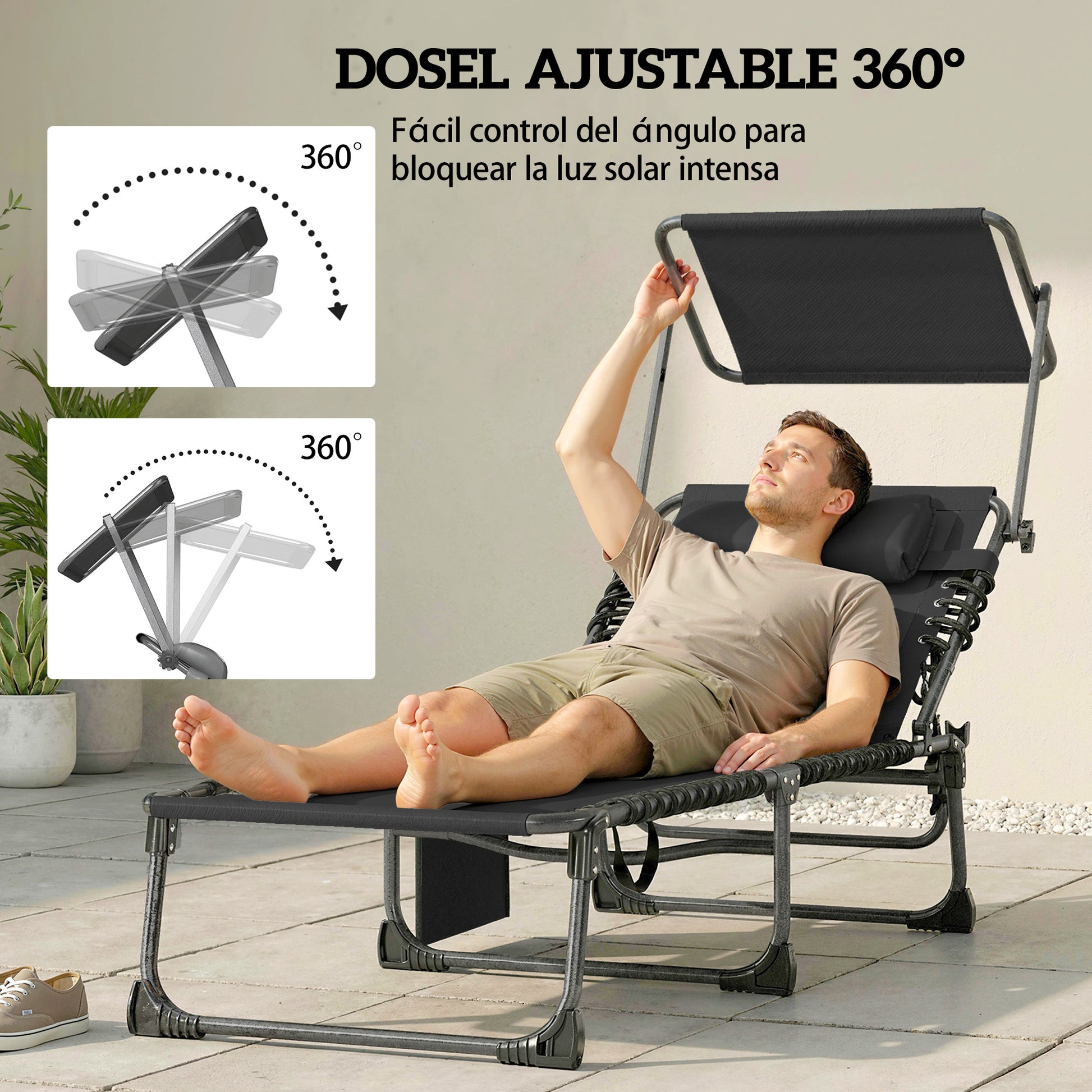 Outsunny Set de 2 Tumbonas Jardín Exterior, Tumbonas Plegables con Reposacabezas, Parasol y Bolsillo Lateral, Respaldo Reclinable 5 Posiciones y Asiento Malla Transpirable para Playa, Piscina, Negro