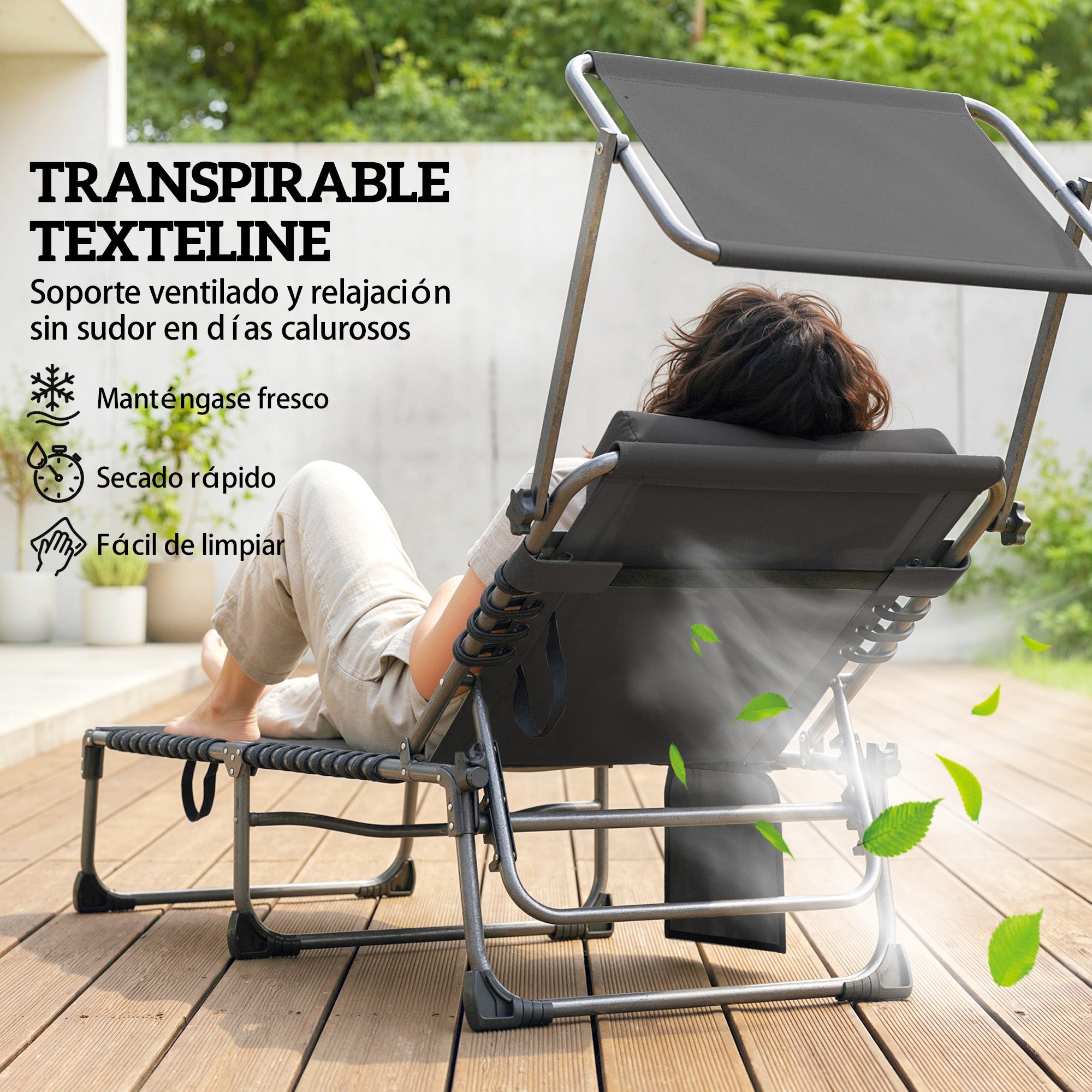 Outsunny Set de 2 Tumbonas Jardín Exterior, Tumbonas Plegables con Reposacabezas, Parasol y Bolsillo Lateral, Respaldo Reclinable 5 Posiciones y Asiento Malla Transpirable para Playa, Piscina, Negro