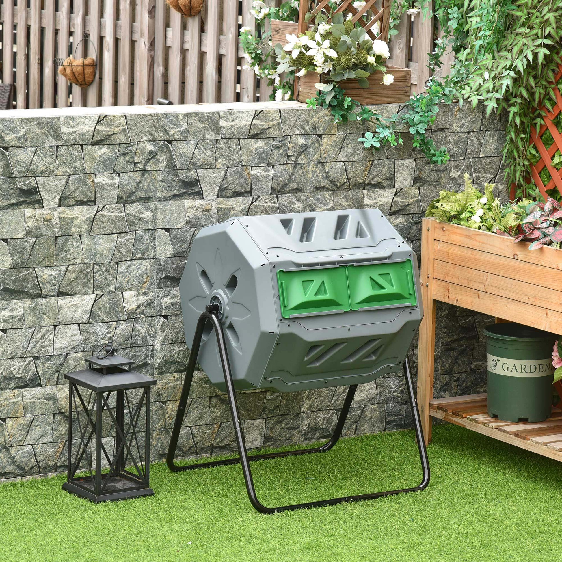 Outsunny Compostador Giratorio de 160L Contenedor de Compostaje de Jardín de Doble Cámara Compostadora con Aberturas de Ventilación y Patas de Acero 71x65x96 cm Gris