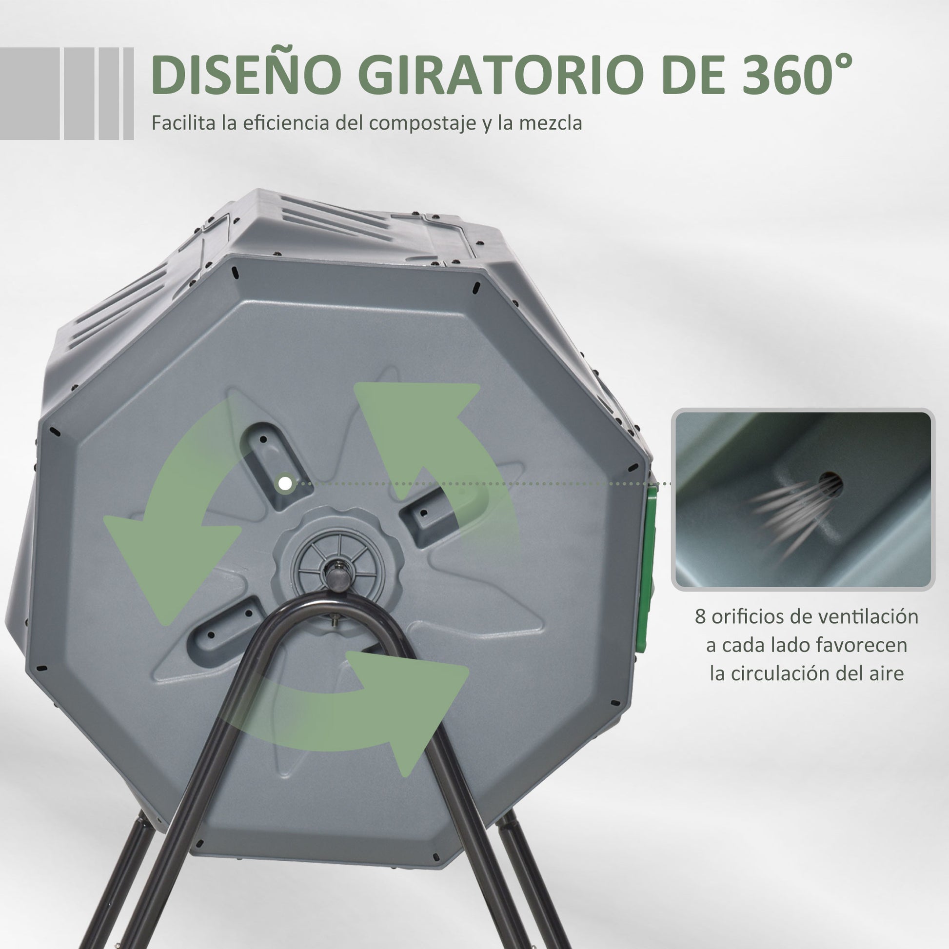 Outsunny Compostador Giratorio de 160L Contenedor de Compostaje de Jardín de Doble Cámara Compostadora con Aberturas de Ventilación y Patas de Acero 71x65x96 cm Gris