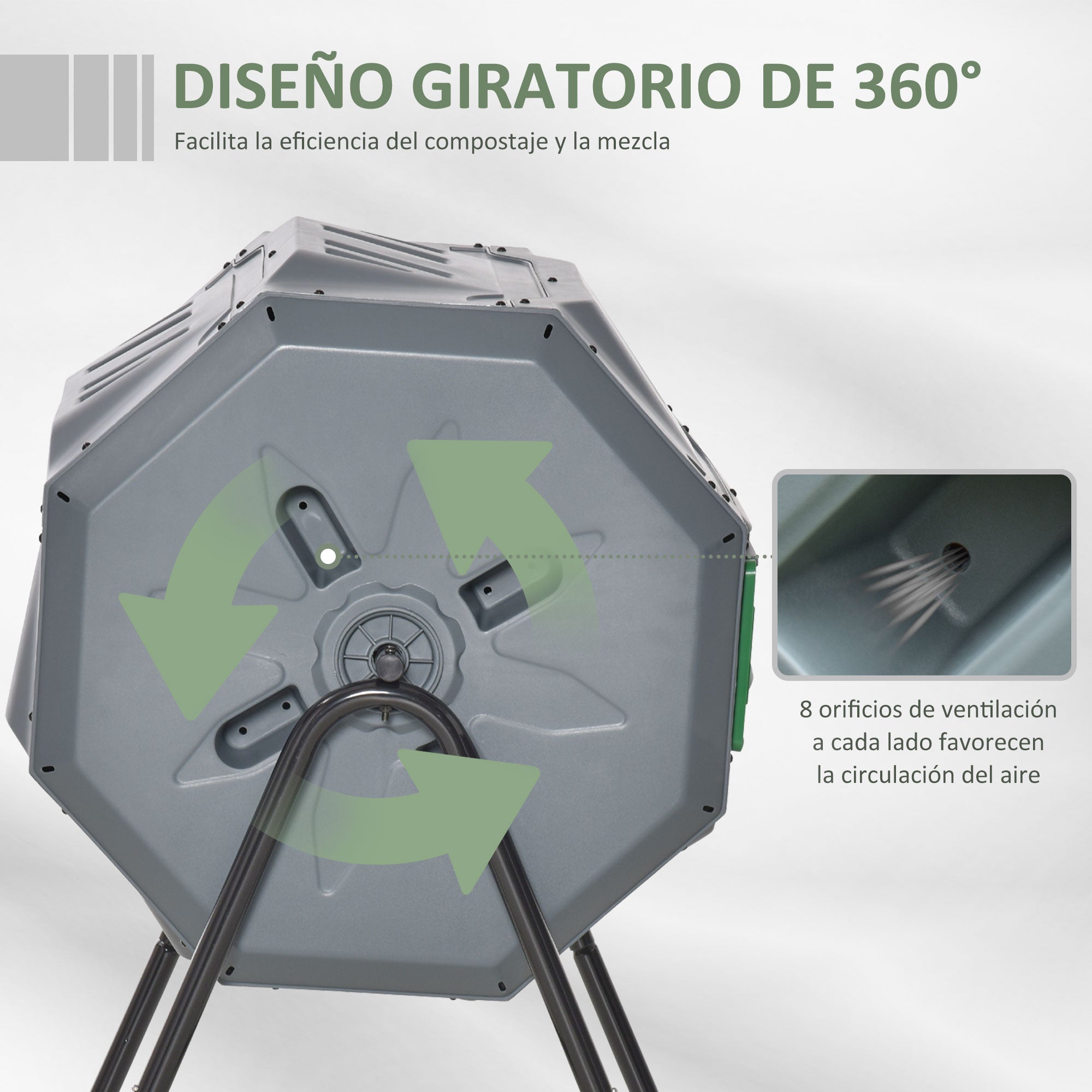 Outsunny Compostador Giratorio de 160L Contenedor de Compostaje de Jardín de Doble Cámara Compostadora con Aberturas de Ventilación y Patas de Acero 71x65x96 cm Gris