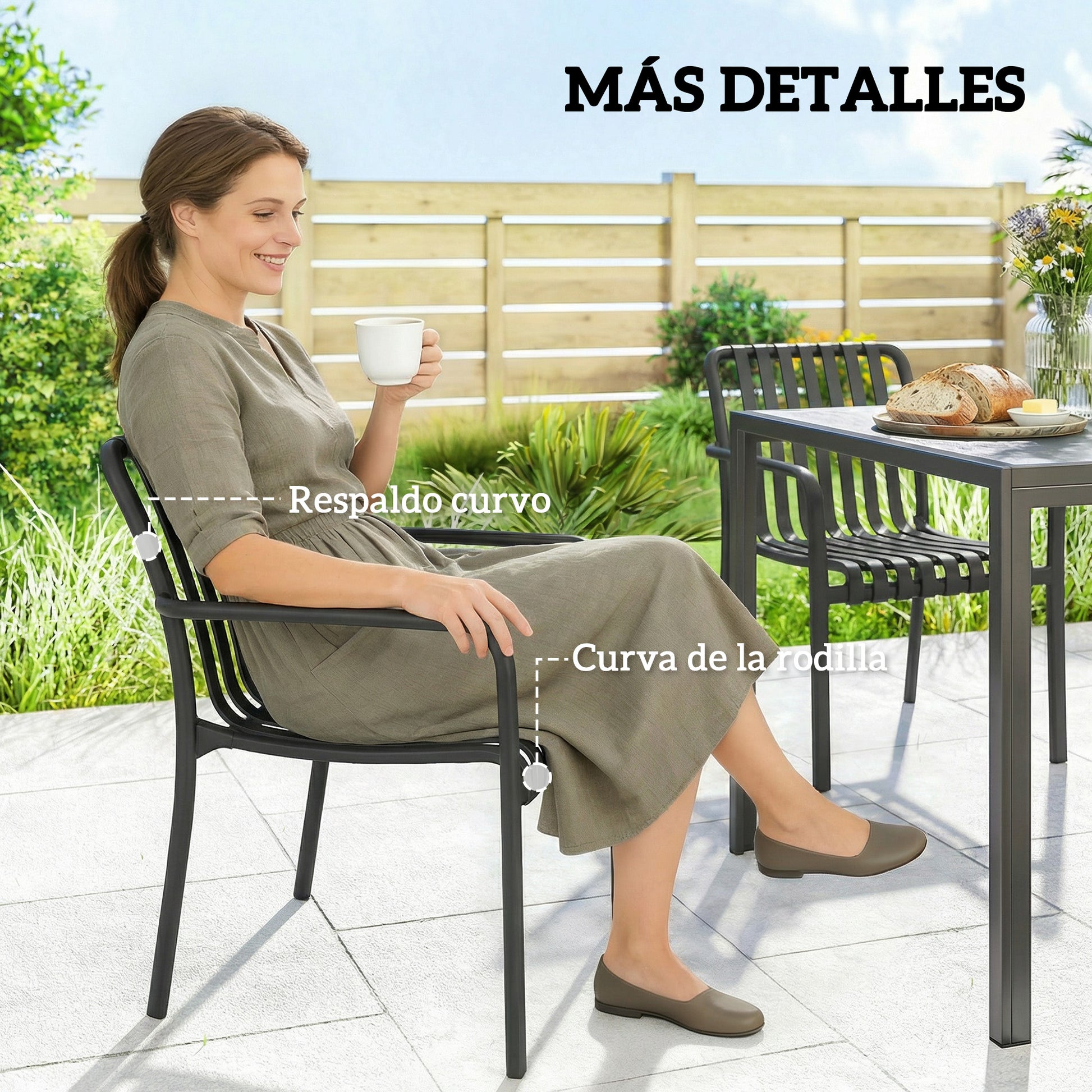 Outsunny Juego de 4 Sillas de Jardín Exterior Apilables, Sillas Terraza Exterior de PP con Respaldo Curvado, Asiento de Listones, Reposabrazos, 55x58,5x81,5 cm, Negro