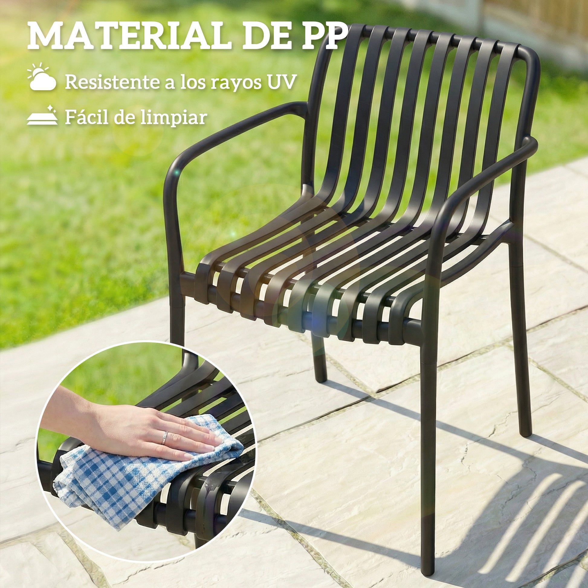 Outsunny Juego de 4 Sillas de Jardín Exterior Apilables, Sillas Terraza Exterior de PP con Respaldo Curvado, Asiento de Listones, Reposabrazos, 55x58,5x81,5 cm, Negro