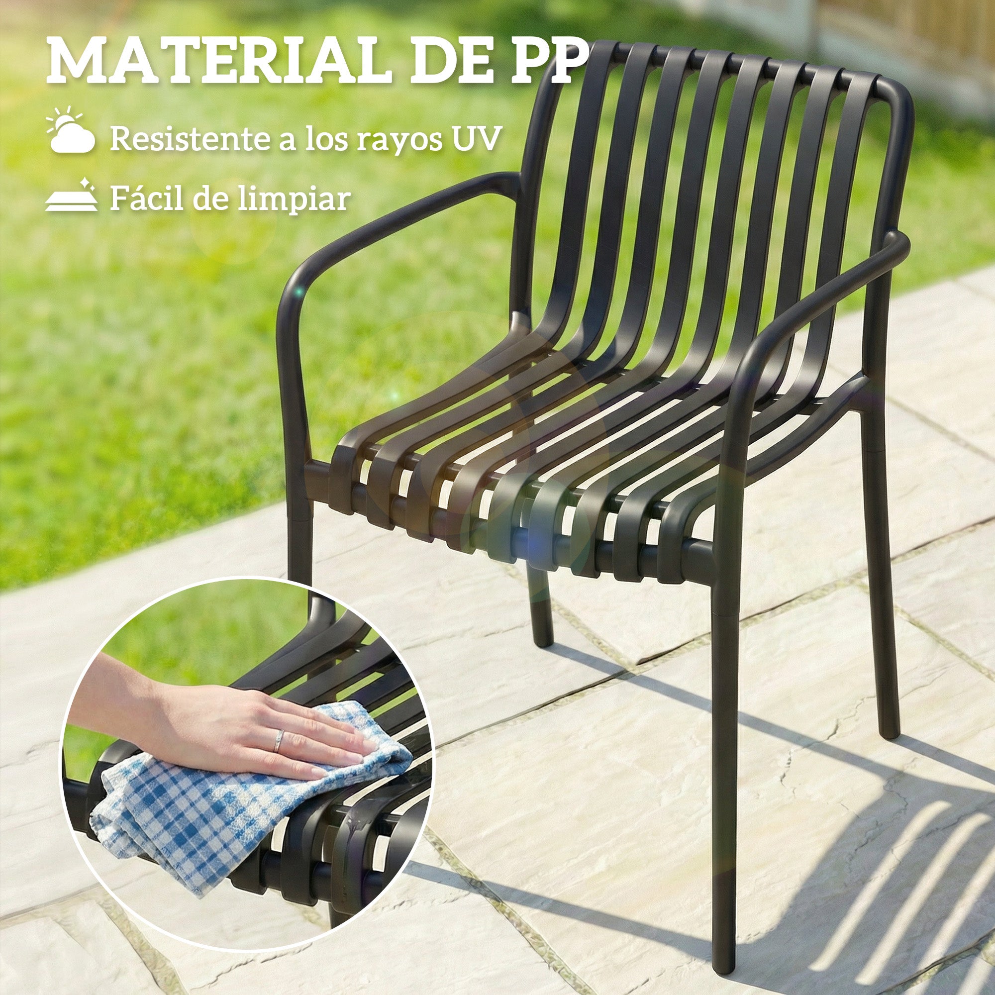 Outsunny Juego de 4 Sillas de Jardín Exterior Apilables, Sillas Terraza Exterior de PP con Respaldo Curvado, Asiento de Listones, Reposabrazos, 55x58,5x81,5 cm, Negro