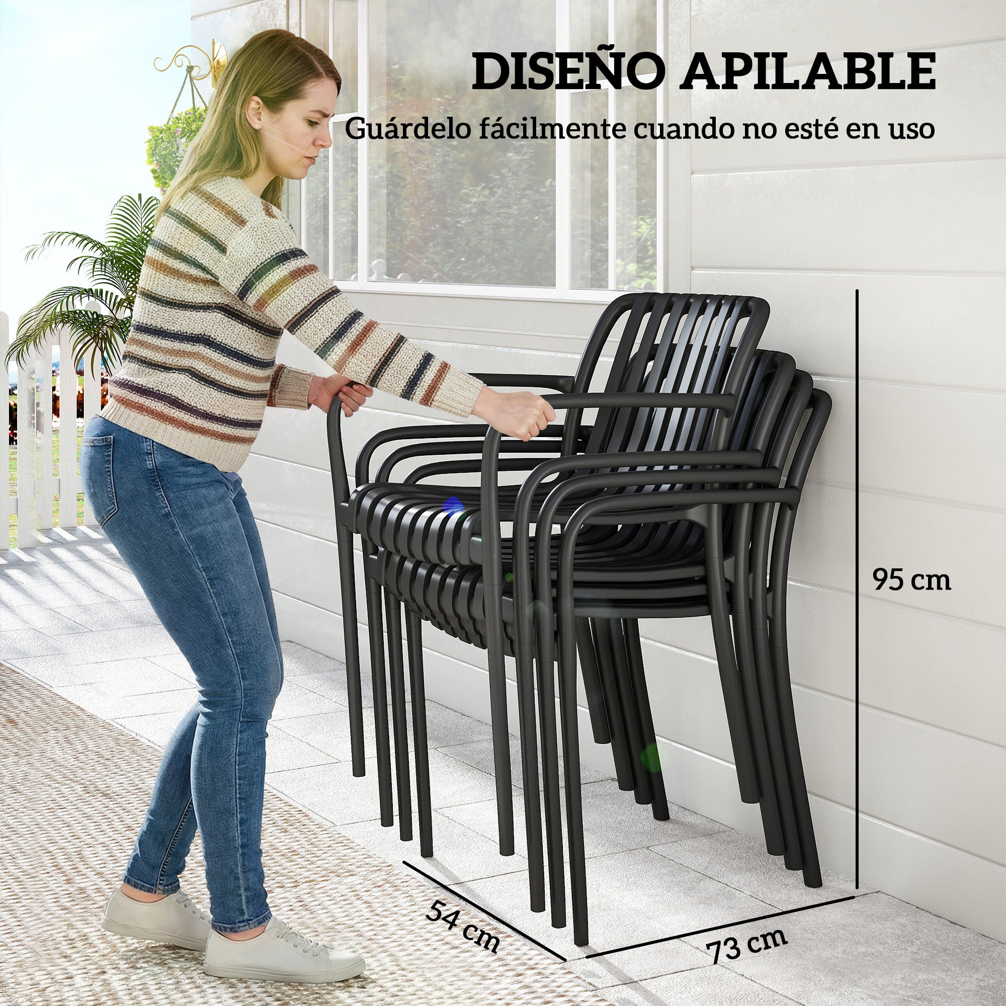 Outsunny Juego de 4 Sillas de Jardín Exterior Apilables, Sillas Terraza Exterior de PP con Respaldo Curvado, Asiento de Listones, Reposabrazos, 55x58,5x81,5 cm, Negro