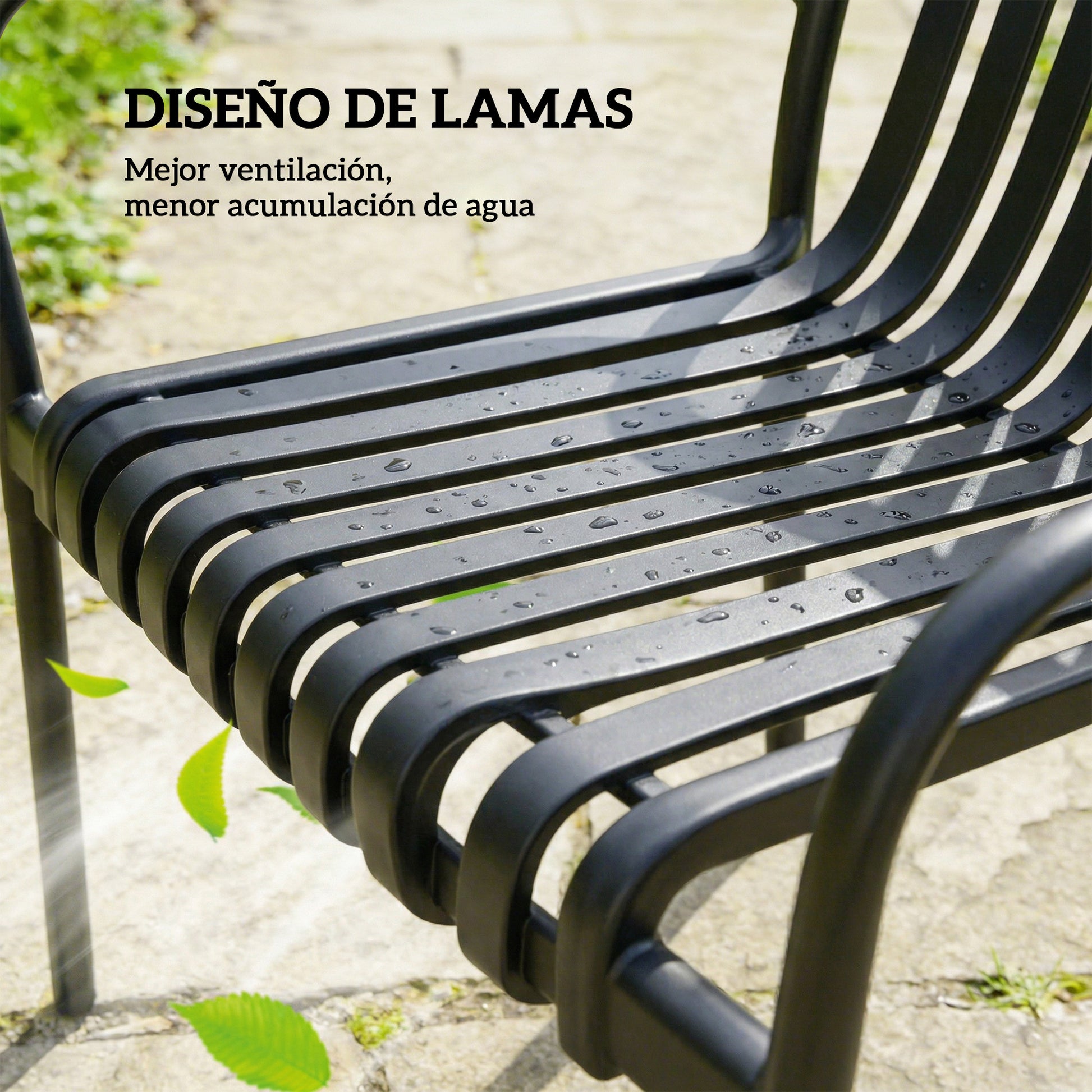 Outsunny Juego de 4 Sillas de Jardín Exterior Apilables, Sillas Terraza Exterior de PP con Respaldo Curvado, Asiento de Listones, Reposabrazos, 55x58,5x81,5 cm, Negro