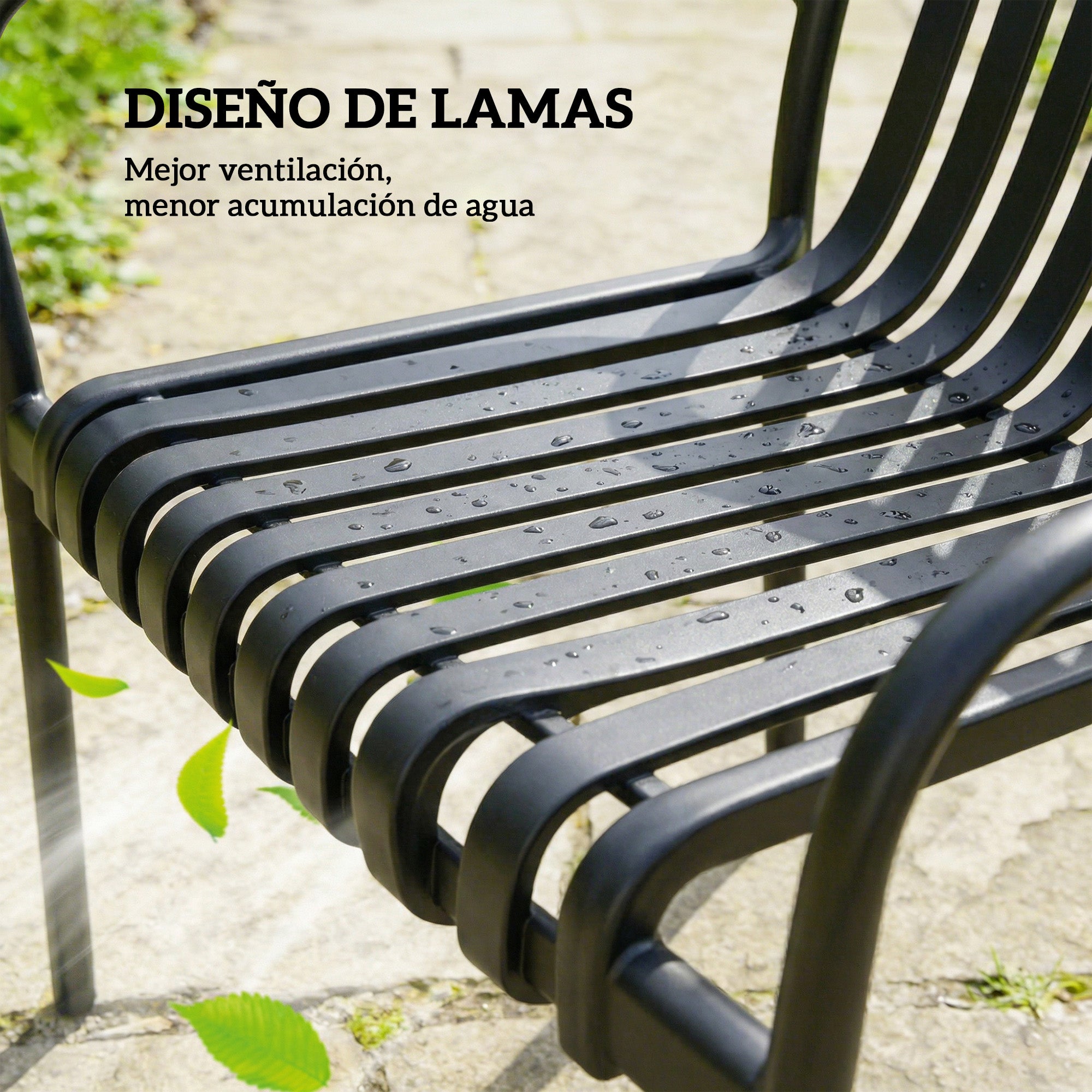 Outsunny Juego de 4 Sillas de Jardín Exterior Apilables, Sillas Terraza Exterior de PP con Respaldo Curvado, Asiento de Listones, Reposabrazos, 55x58,5x81,5 cm, Negro
