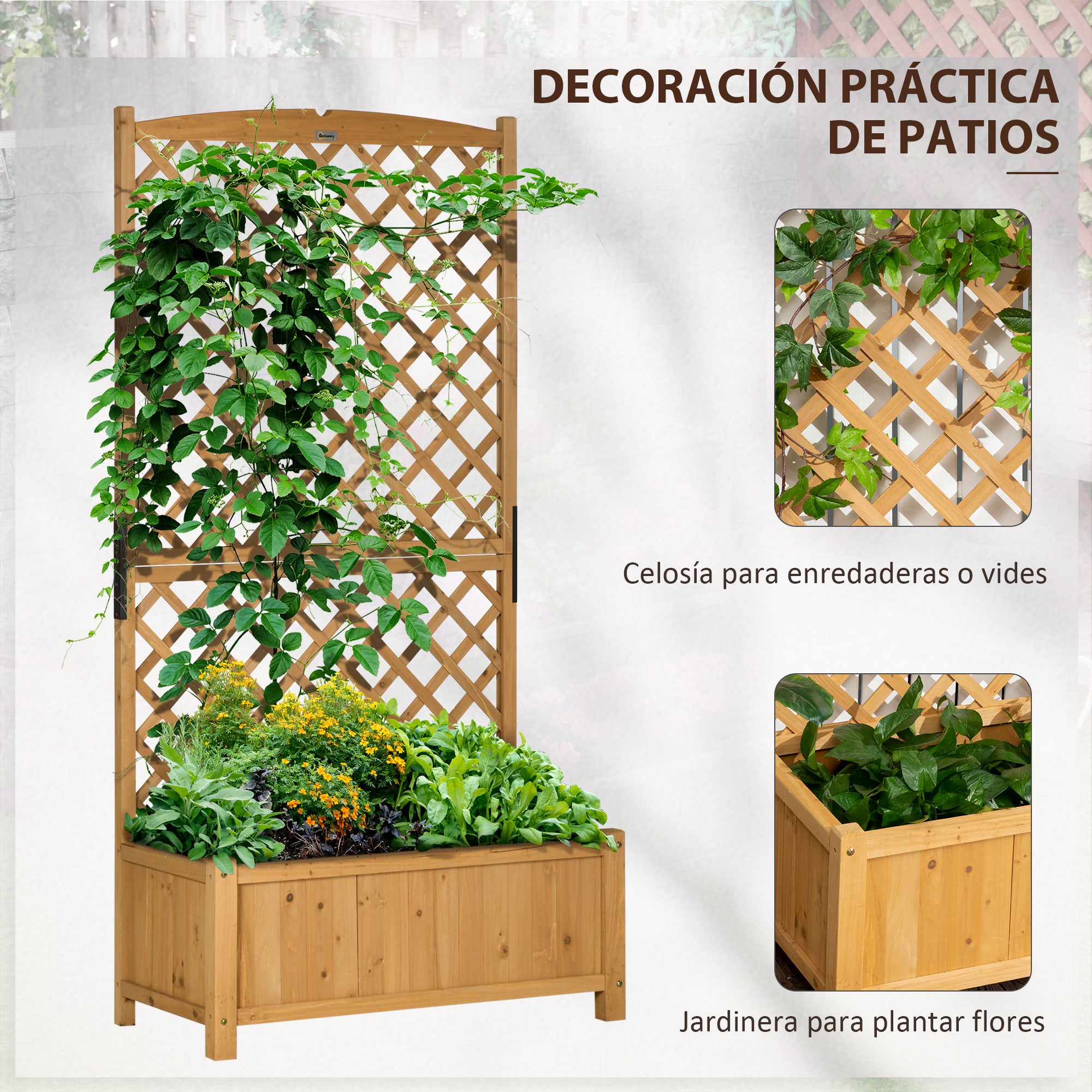Outsunny Arriate de Jardín con Enrejado Jardinera con Celosía Macetero con Soporte para Trepadora Cultivos Plantas Flores para Exterior Patio Terraza Balcón 90x45x180 cm Natural