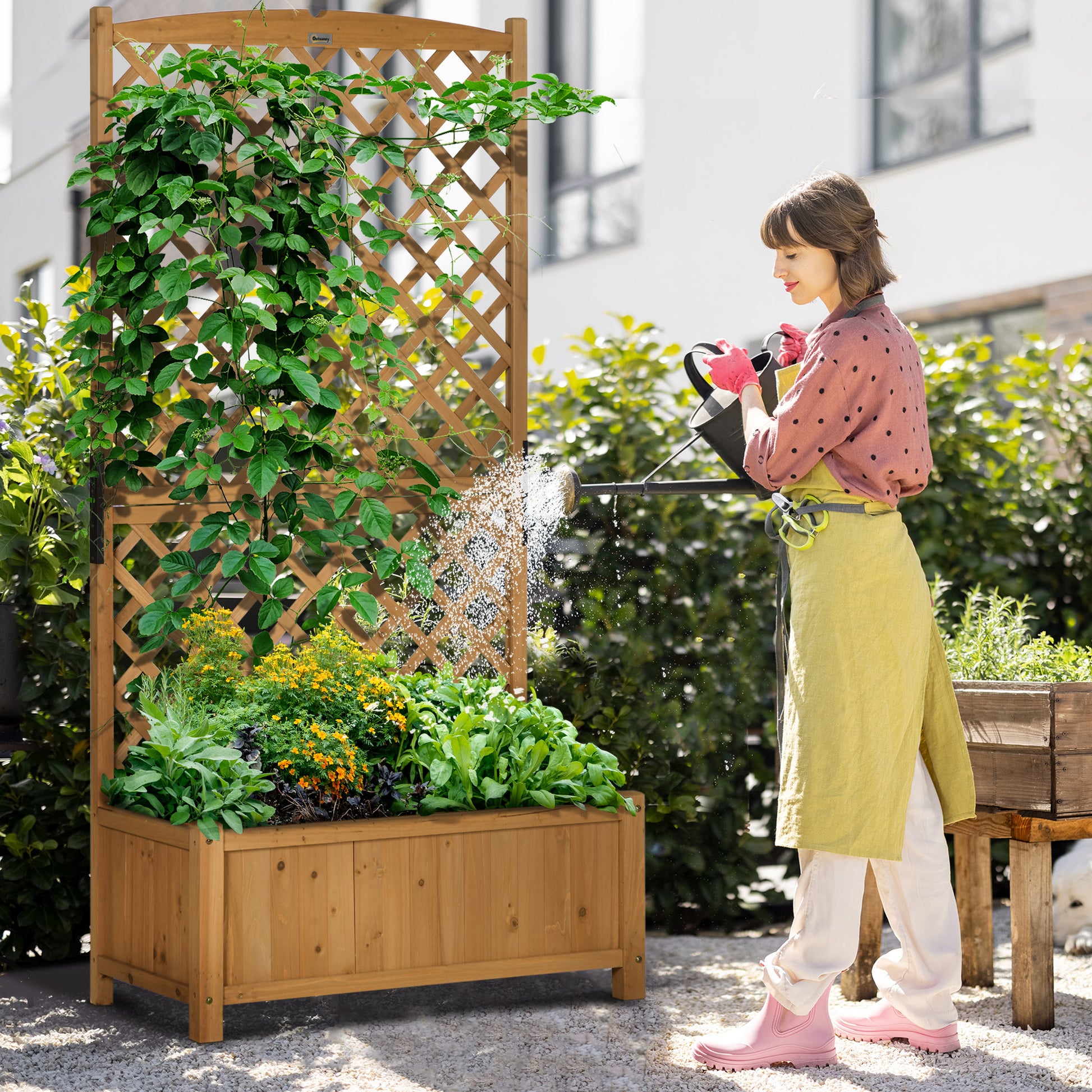 Outsunny Arriate de Jardín con Enrejado Jardinera con Celosía Macetero con Soporte para Trepadora Cultivos Plantas Flores para Exterior Patio Terraza Balcón 90x45x180 cm Natural