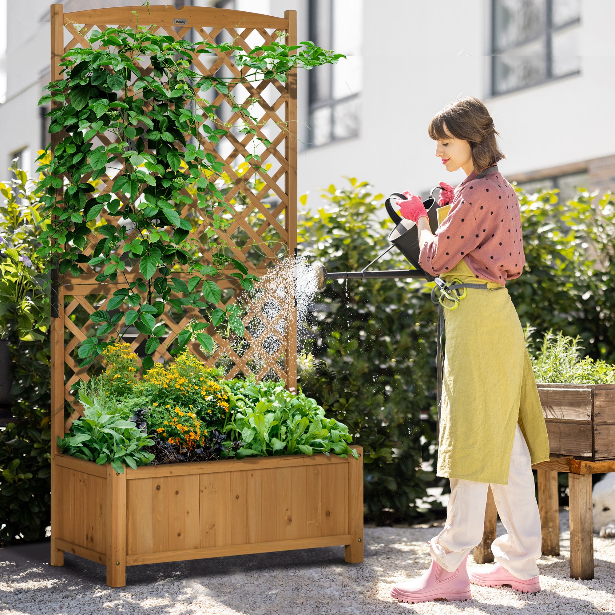 Outsunny Arriate de Jardín con Enrejado Jardinera con Celosía Macetero con Soporte para Trepadora Cultivos Plantas Flores para Exterior Patio Terraza Balcón 90x45x180 cm Natural