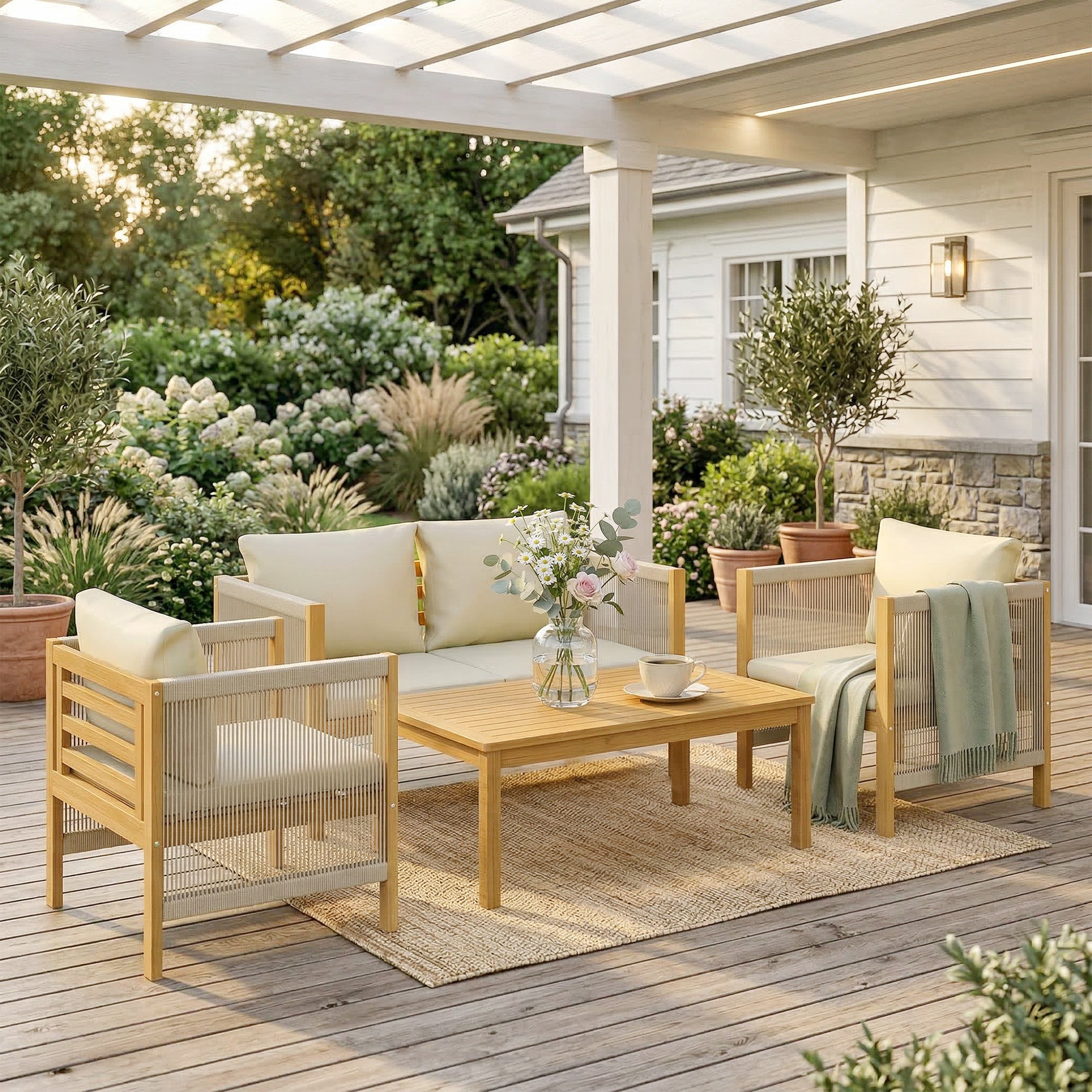 Outsunny Conjunto de Jardín Exterior de 4 Piezas, Muebles Jardín Exterior con Sofá de 2 Plazas, 2 Sillones, Mesa de Madera de Acacia, Cojines Acolchados y Decoración de Cuerda PP, para Terraza, Beige