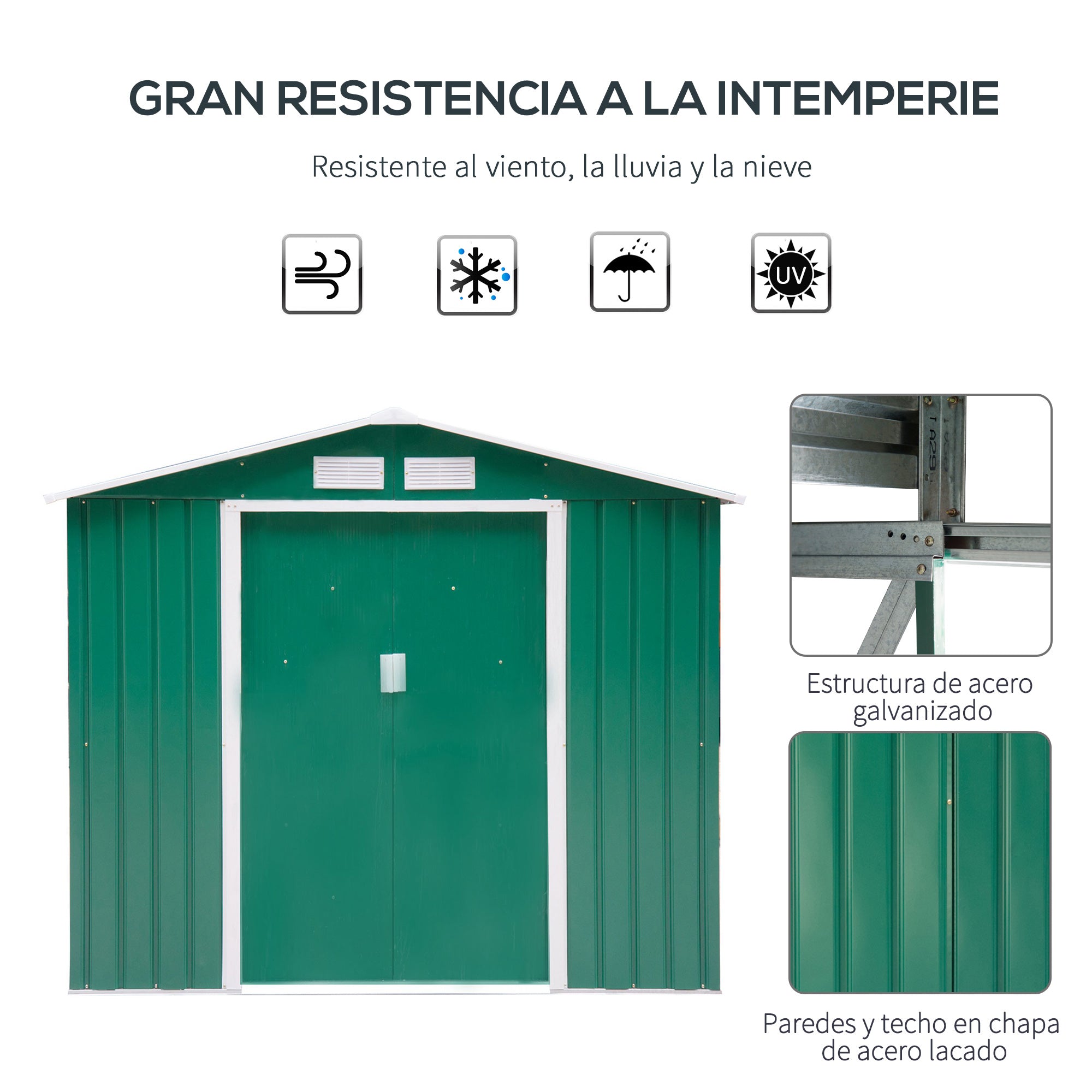 Outsunny Cobertizo de Jardín 2,42m² con Base de Refuerzo Sin Suelo 213x130x185 cm Caseta de Jardín Exterior con 2 Puertas Correderas y 4 Ventanas para Almacenamiento de Herramientas Verde Oscuro