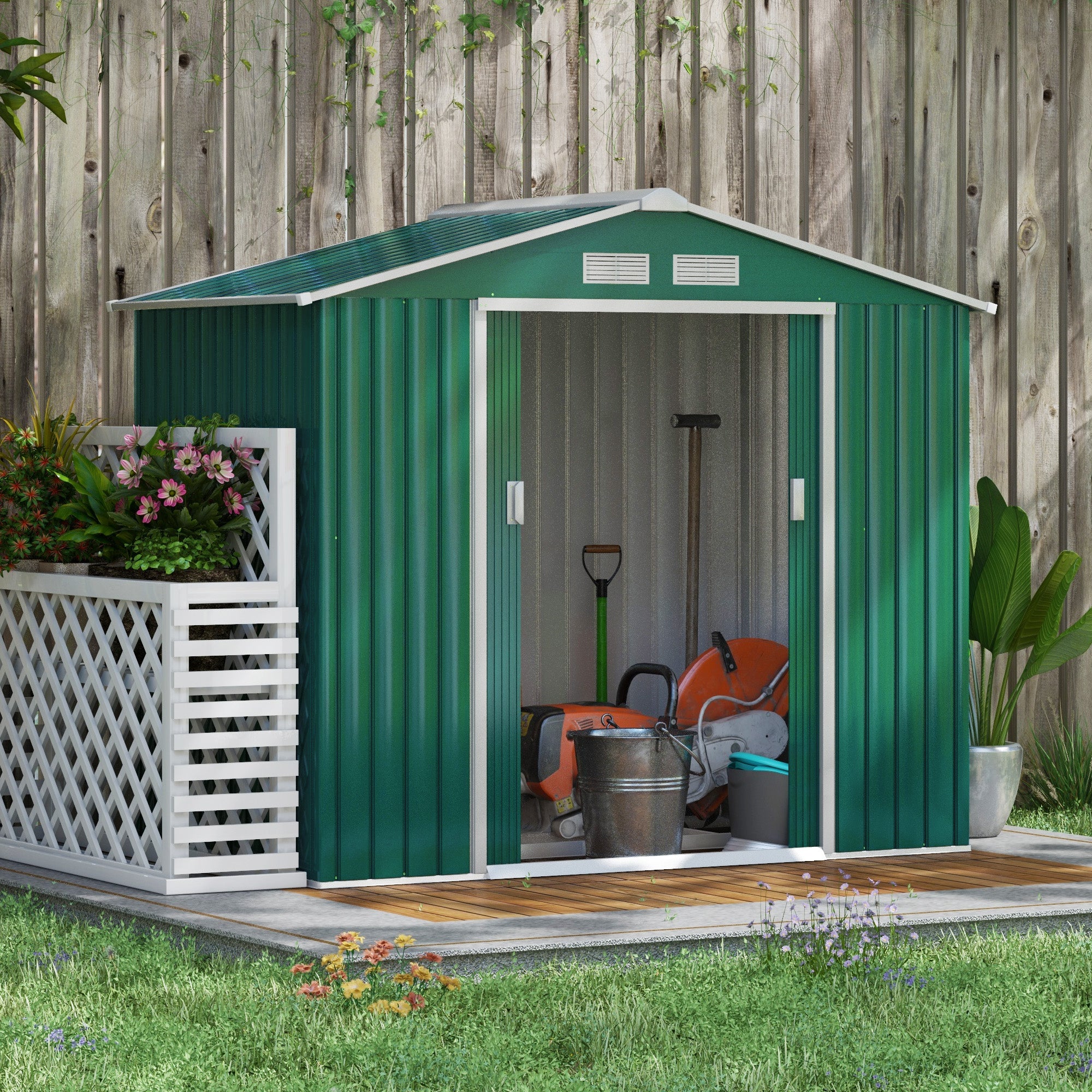 Outsunny Cobertizo de Jardín 2,42m² con Base de Refuerzo Sin Suelo 213x130x185 cm Caseta de Jardín Exterior con 2 Puertas Correderas y 4 Ventanas para Almacenamiento de Herramientas Verde Oscuro
