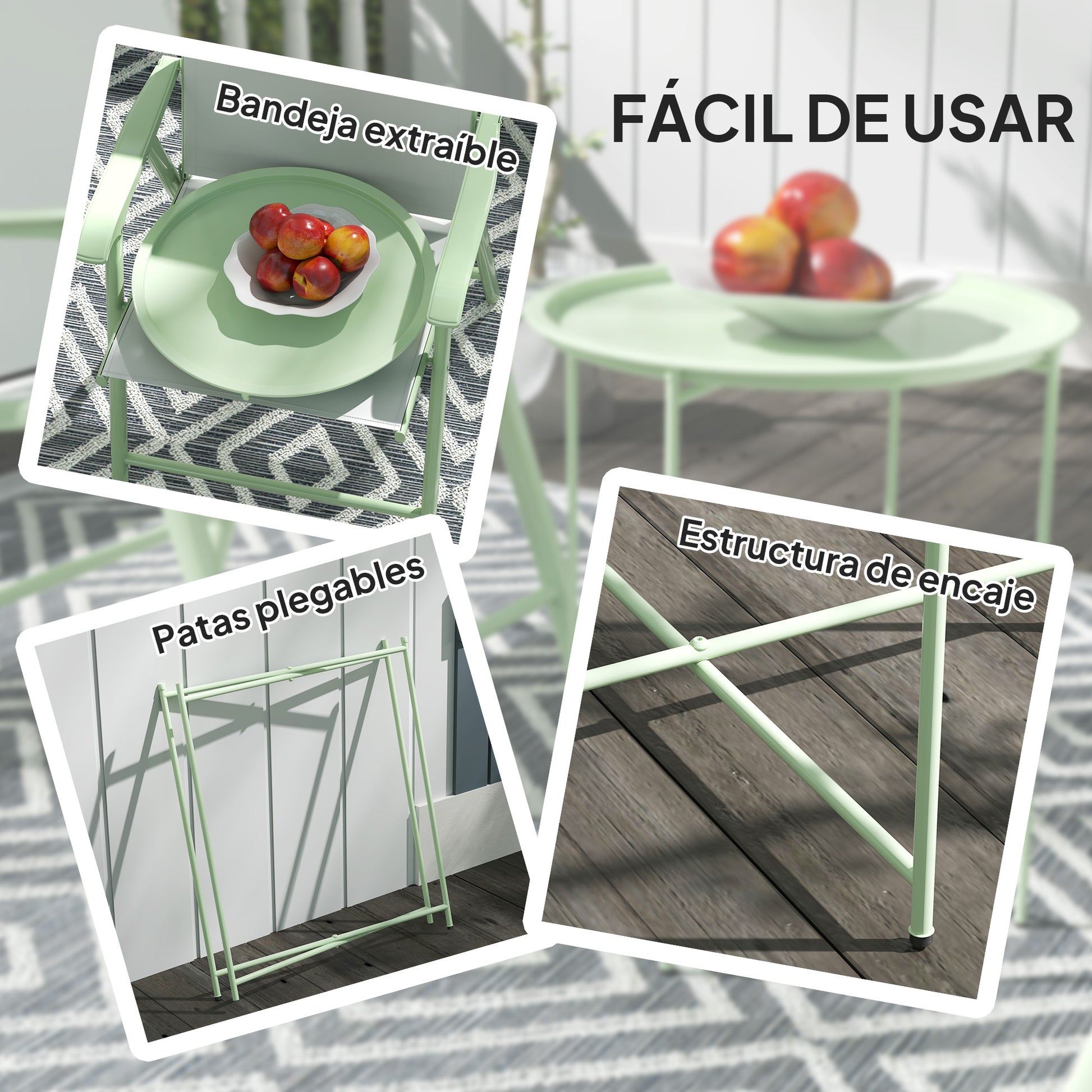 Outsunny Mesa Auxiliar Redonda Mesa de Jardín Exterior con Bandeja Extraíble Patas Plegables Mesa para Exterior Terraza Patio Ø46x50 cm Verde