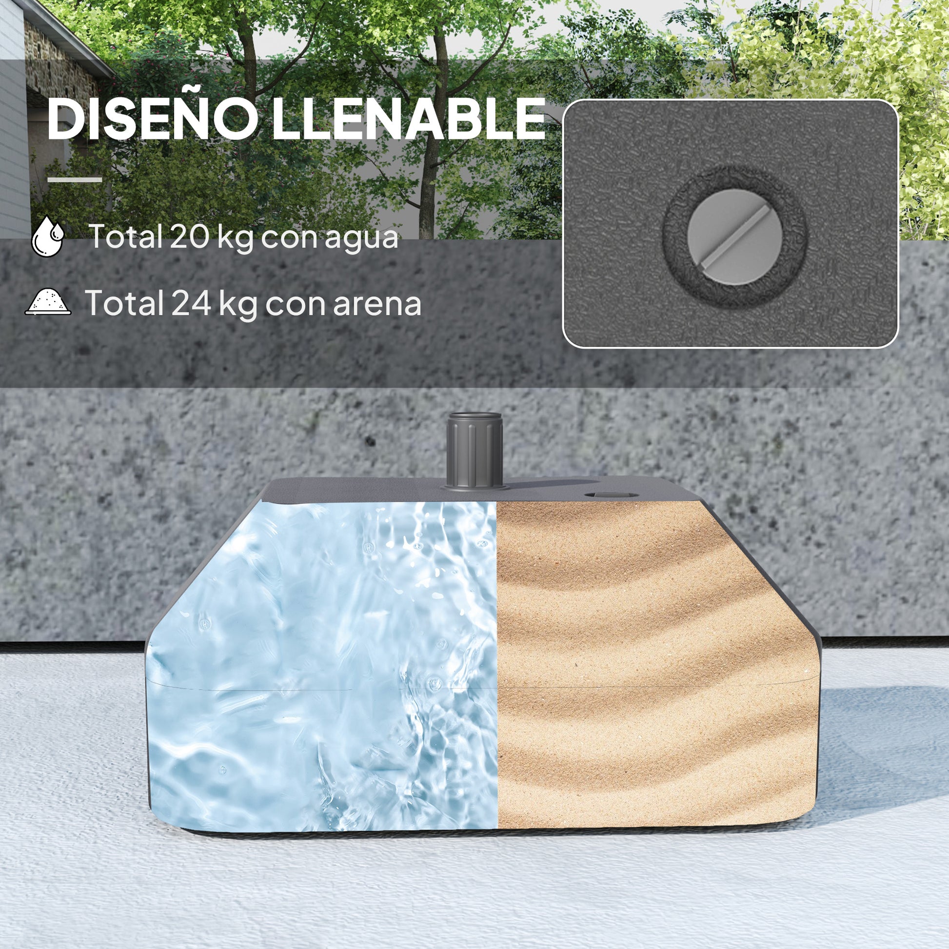 Outsunny Base para Sombrilla Soporte para Parasol Pie para Sombrilla Rellenable con Agua 20L o Arena 24kg para Jardín Terraza Negro