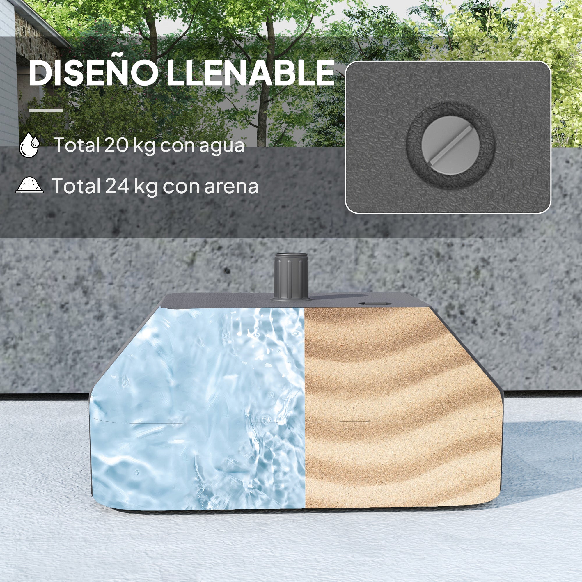 Outsunny Base para Sombrilla Soporte para Parasol Pie para Sombrilla Rellenable con Agua 20L o Arena 24kg para Jardín Terraza Negro