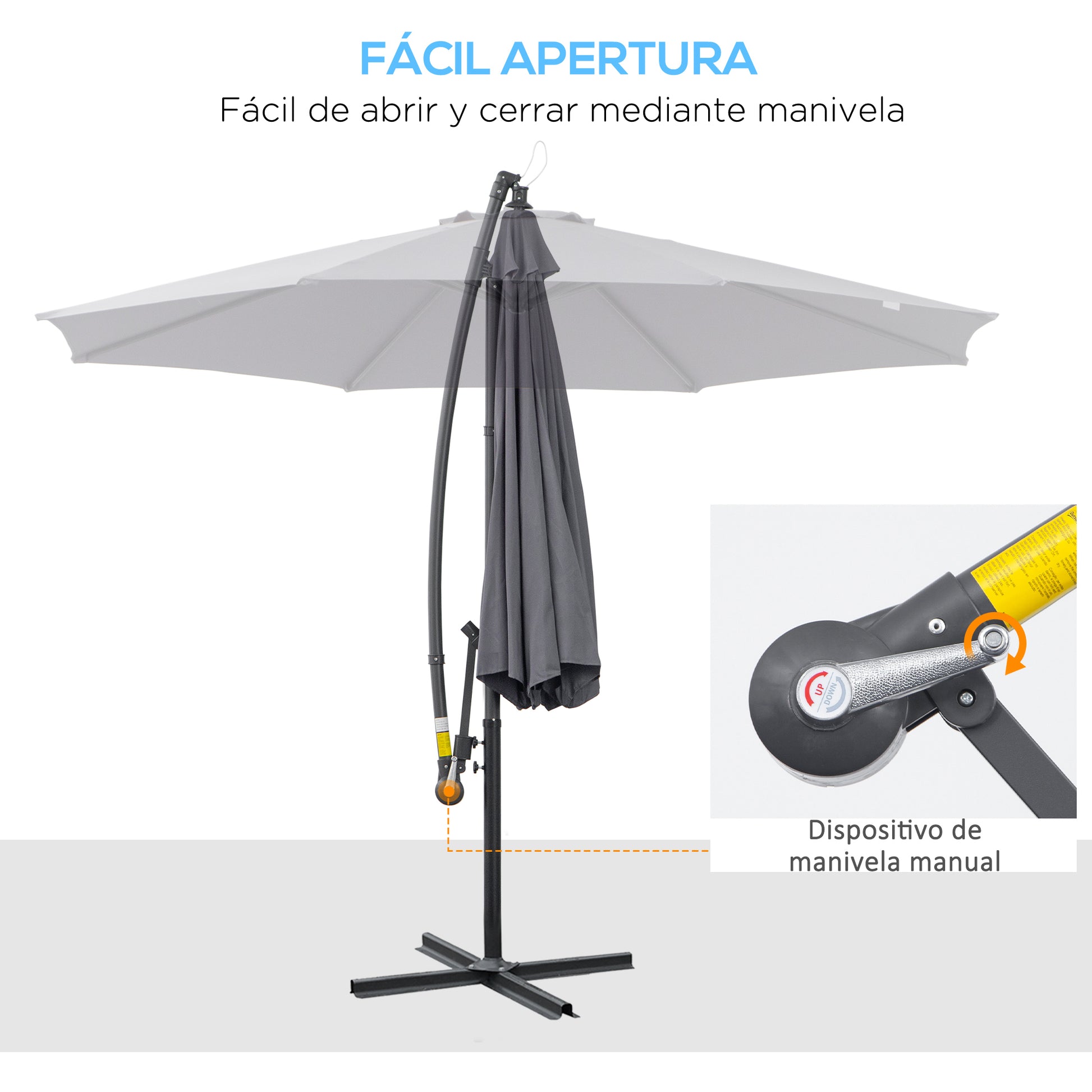 Outsunny Sombrilla de Jardín Ø295x255 cm Parasol Excéntrico Inclinable con Manivela Base Cruzada y Soporte de Metal 8 Varillas para Terraza Exterior Balcón Gris