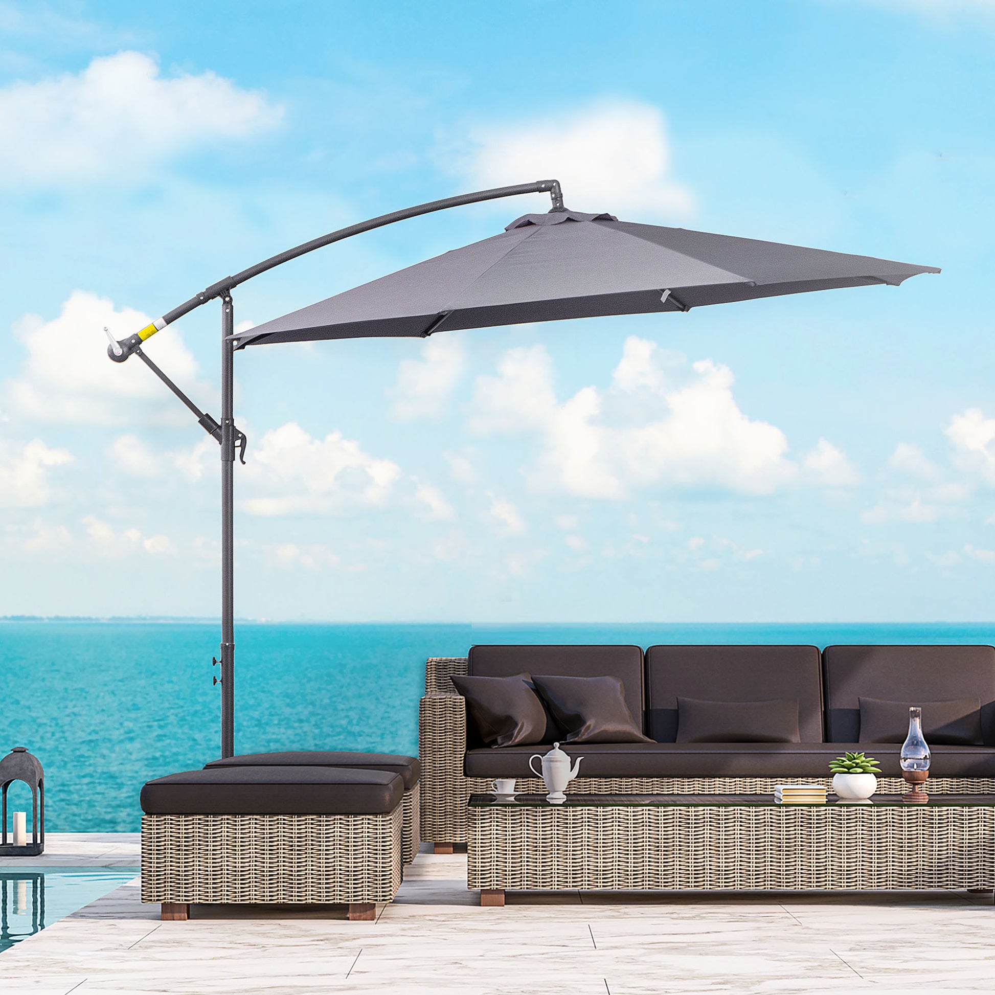 Outsunny Sombrilla de Jardín Ø295x255 cm Parasol Excéntrico Inclinable con Manivela Base Cruzada y Soporte de Metal 8 Varillas para Terraza Exterior Balcón Gris