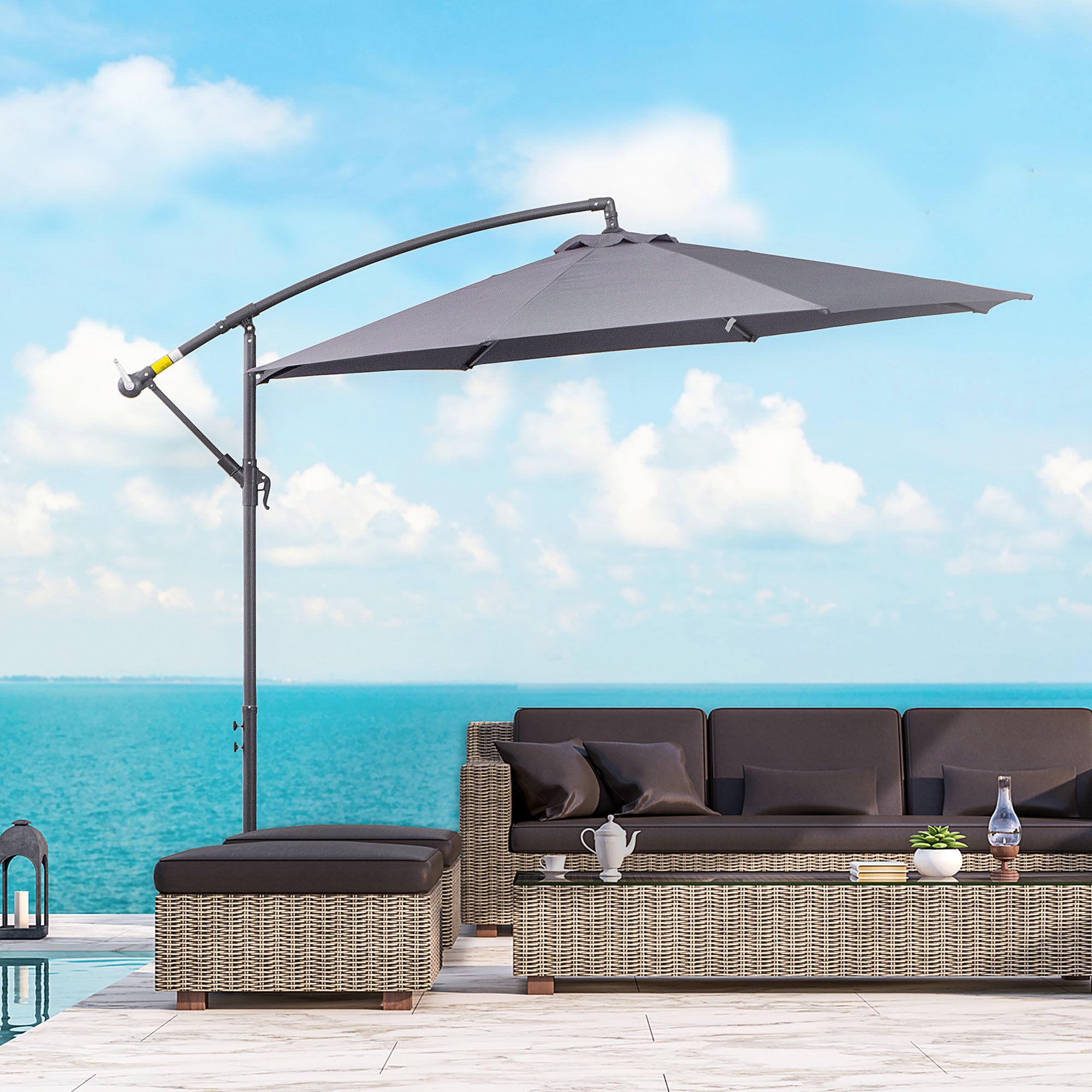 Outsunny Sombrilla de Jardín Ø295x255 cm Parasol Excéntrico Inclinable con Manivela Base Cruzada y Soporte de Metal 8 Varillas para Terraza Exterior Balcón Gris