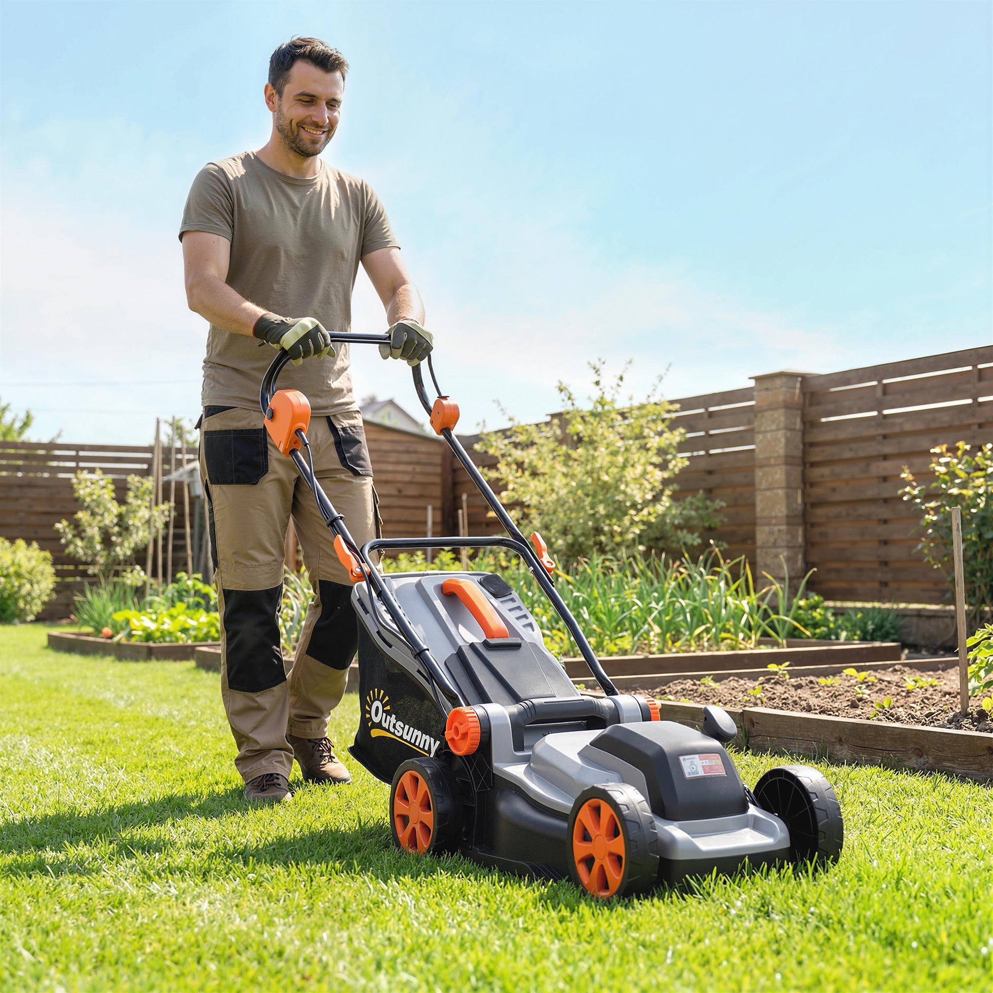 Outsunny Cortacésped a Batería Inalámbrico 18V, 2 Baterías de 4Ah, Ancho de Corte 34 cm hasta 400 m², Función Mulching, Motor sin Escobillas 700 W, Bolsa 35L, 6 Alturas Corte 25-75 mm, Mango Ajustable