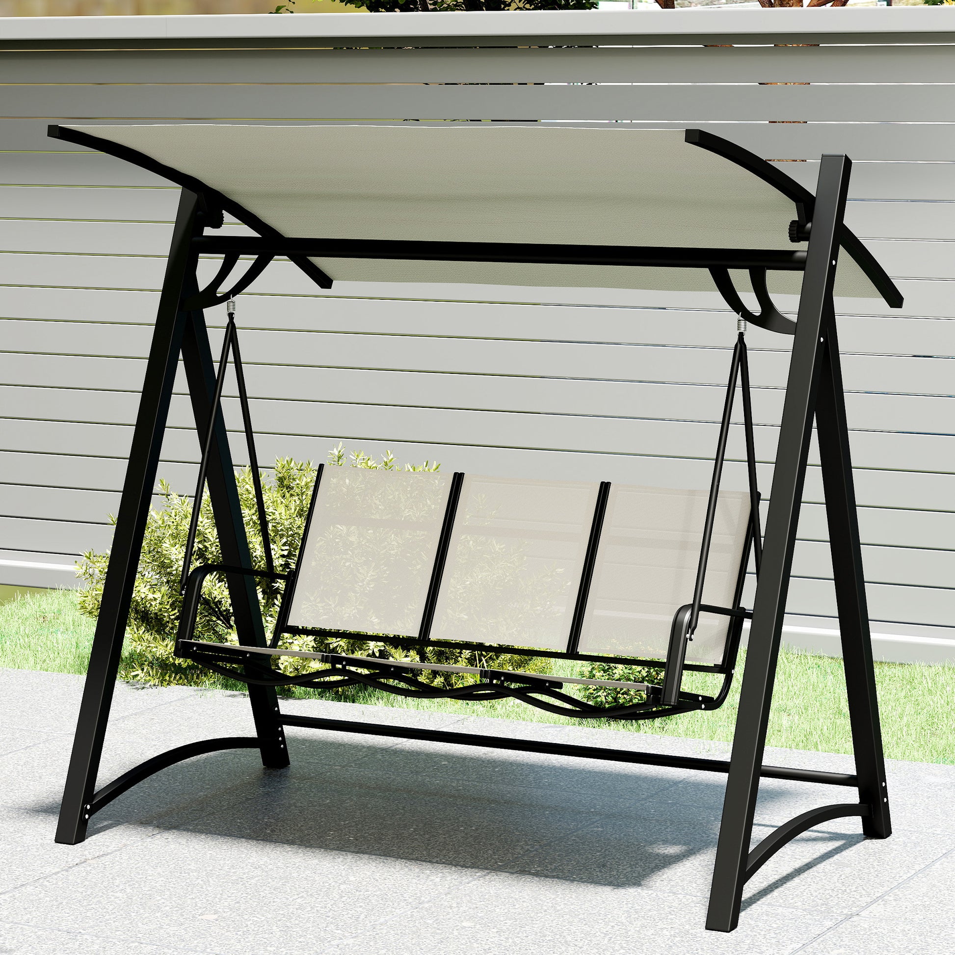 Outsunny Columpio de Jardín de 3 Plazas, Balancín de Jardín Exterior con Techo Ajustable, UPF50+, Asiento Transpirable y Marco de Metal, para Patio, Terraza, Carga 360 kg, 188x130x183 cm, Blanco Crema