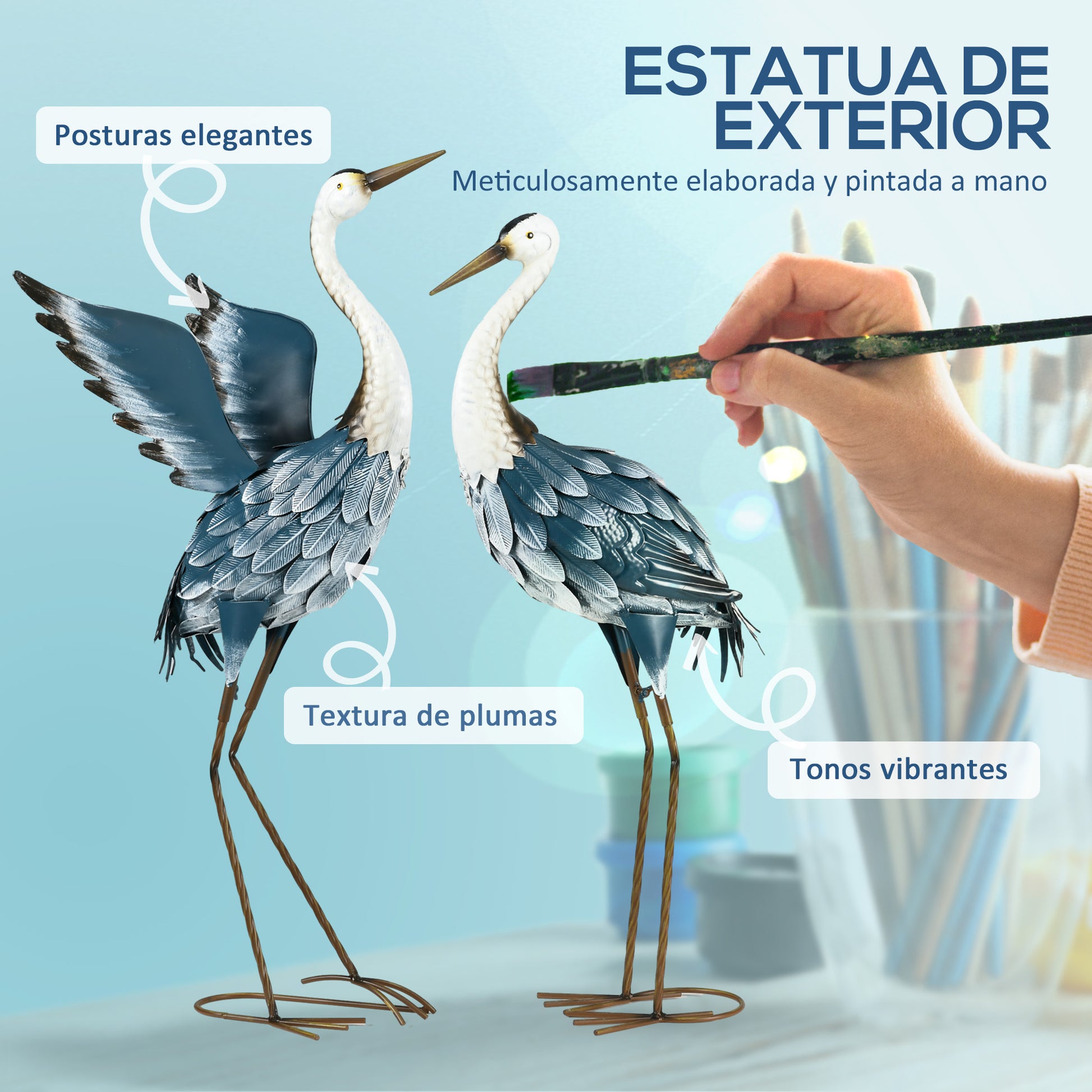 Outsunny Set de 2 Piezas Estatuas de Jardín de Grulla de Acero Esculturas de Garza para Exteriores Adornos de Grulla para Decoración de Césped Patio Estanque